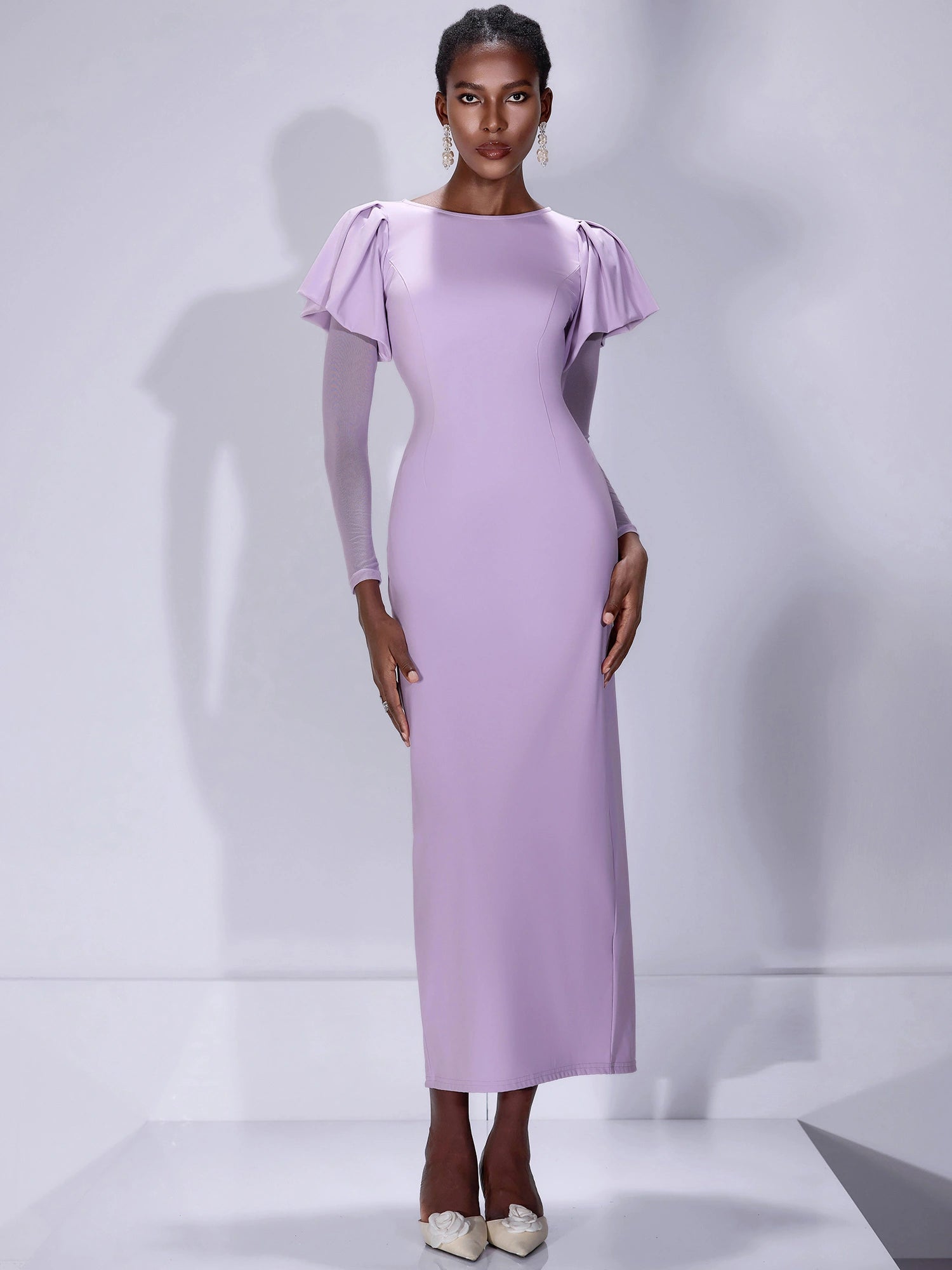 Fitted Ruffle Shoulder Sheer Sleeve Midi Dress|NOOSGOP