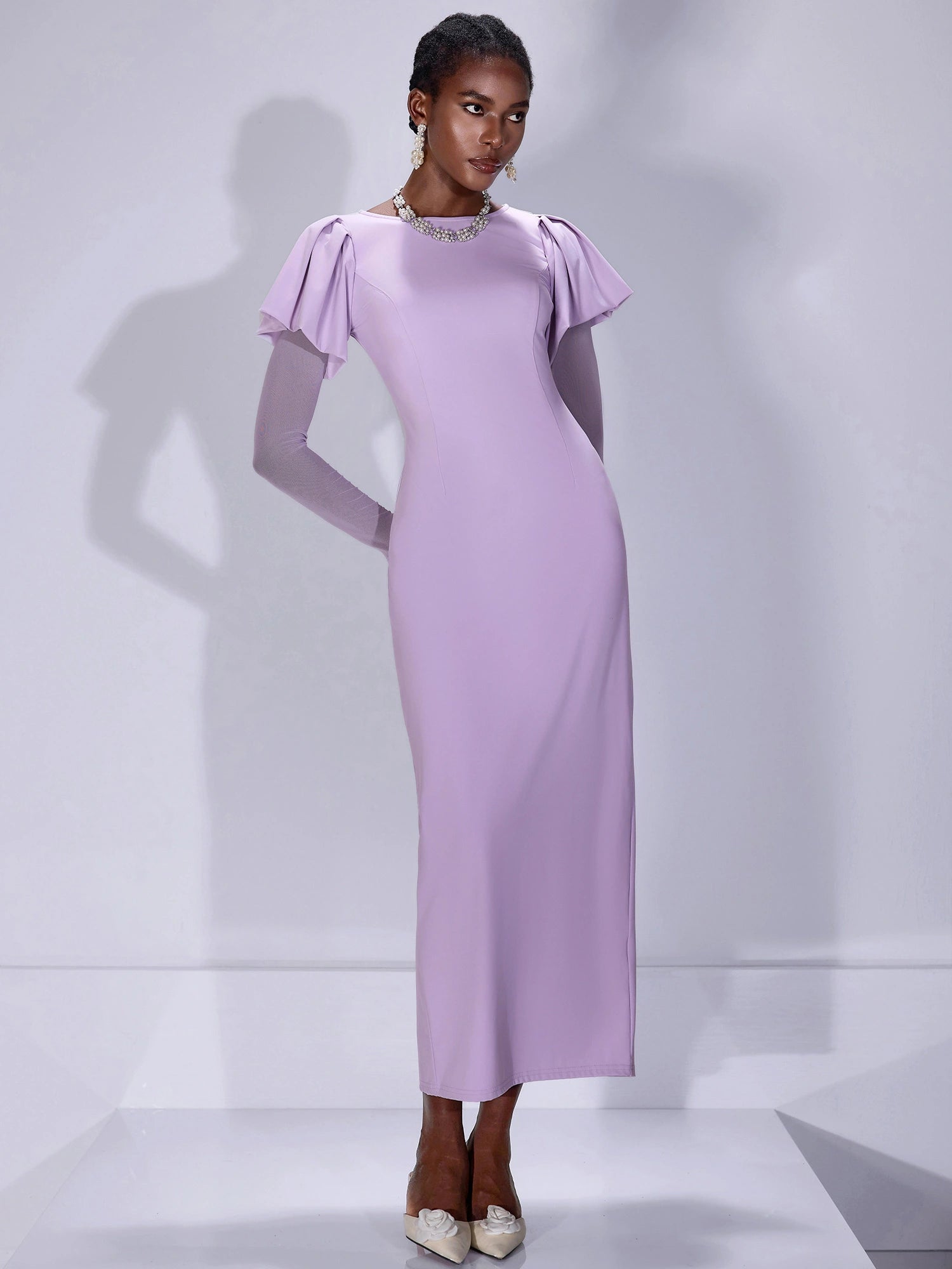 Fitted Ruffle Shoulder Sheer Sleeve Midi Dress|NOOSGOP