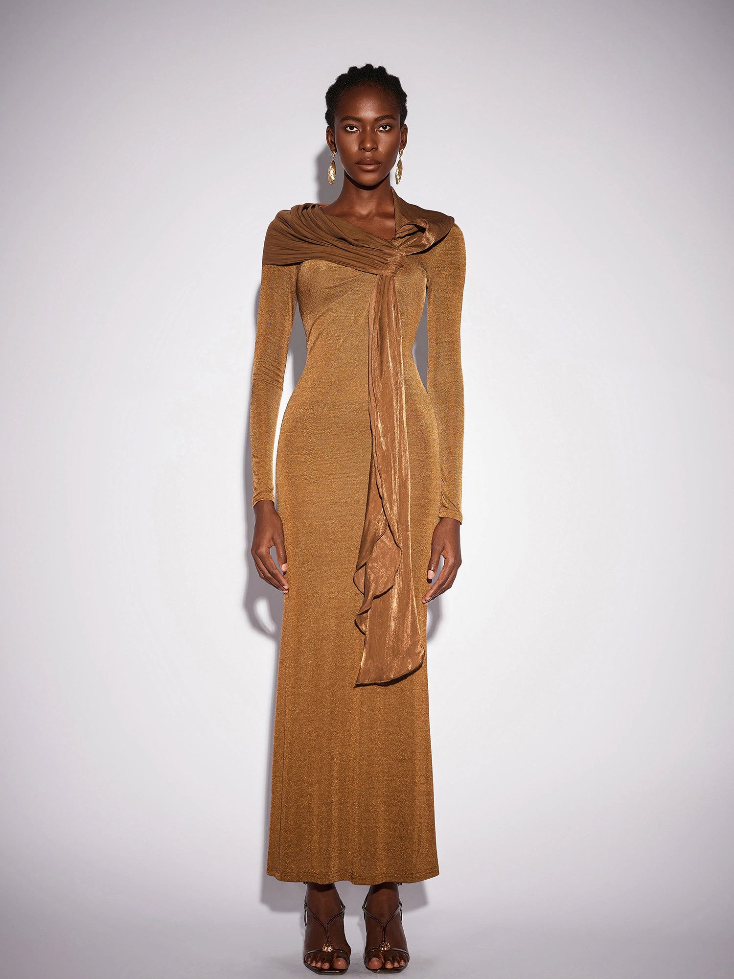 Fitted Shawl Draped Pleated Maxi Dress|NOOSGOP
