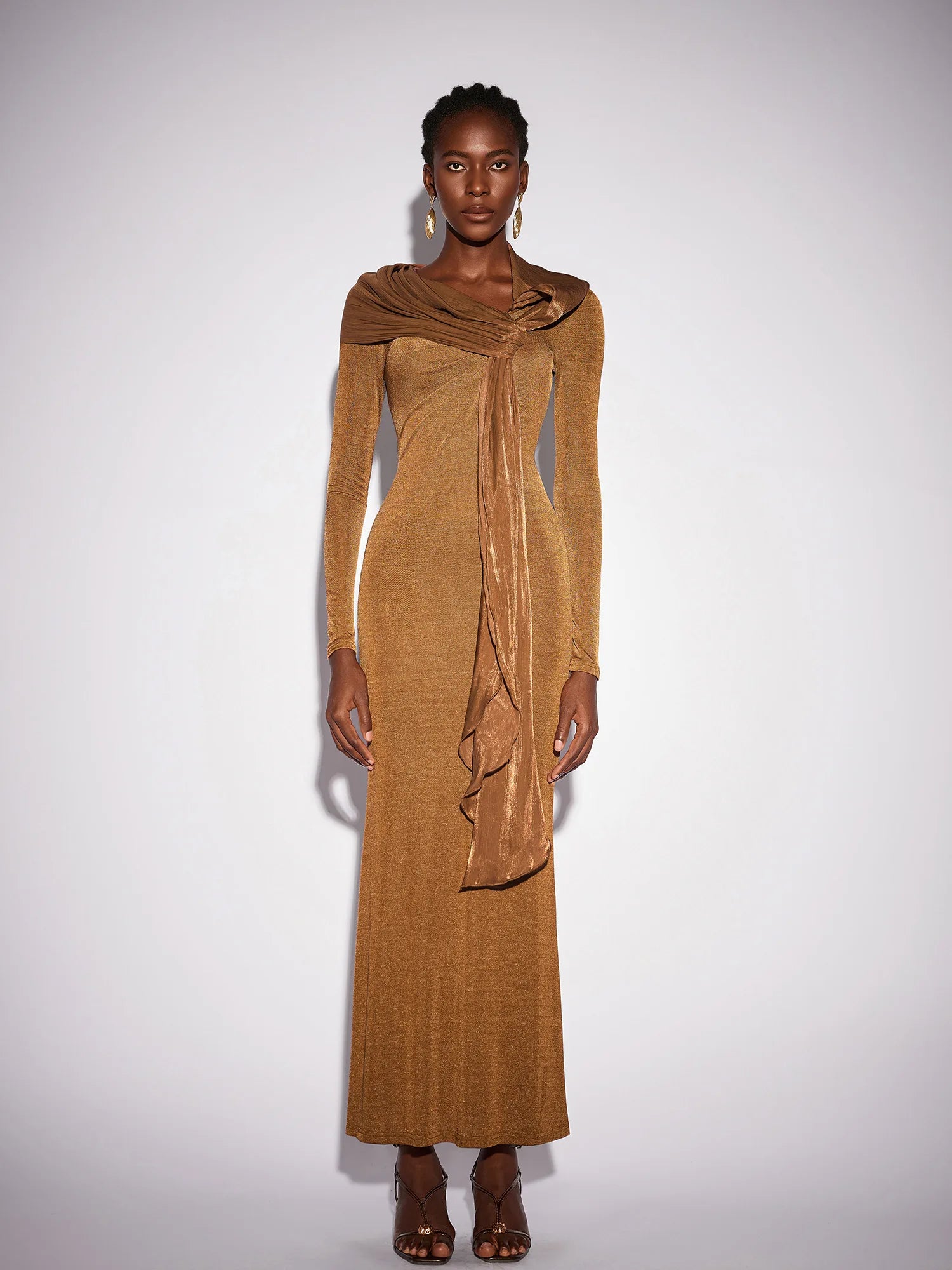 Fitted Shawl Draped Pleated Maxi Dress|NOOSGOP