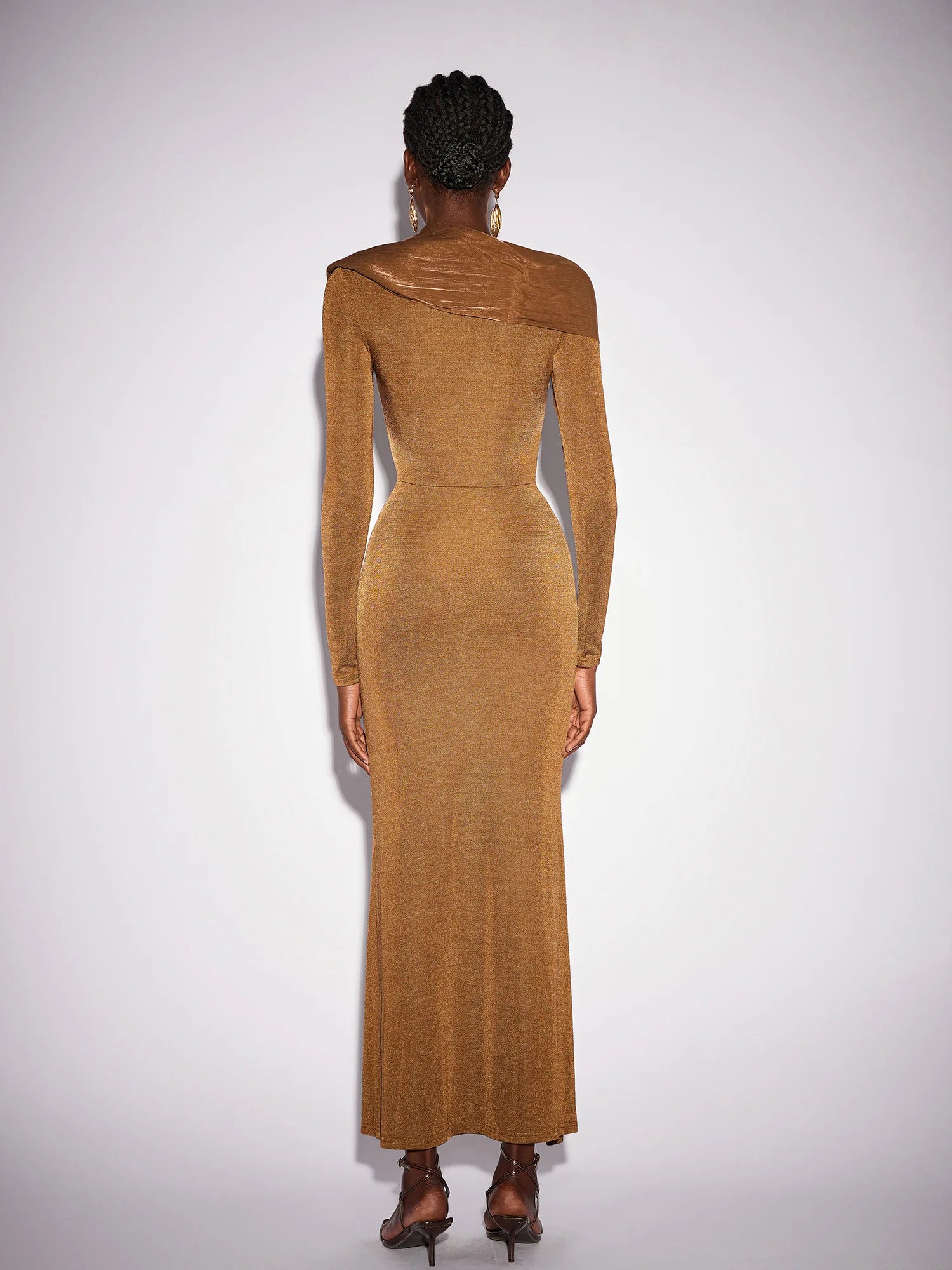 Fitted Shawl Draped Pleated Maxi Dress|NOOSGOP