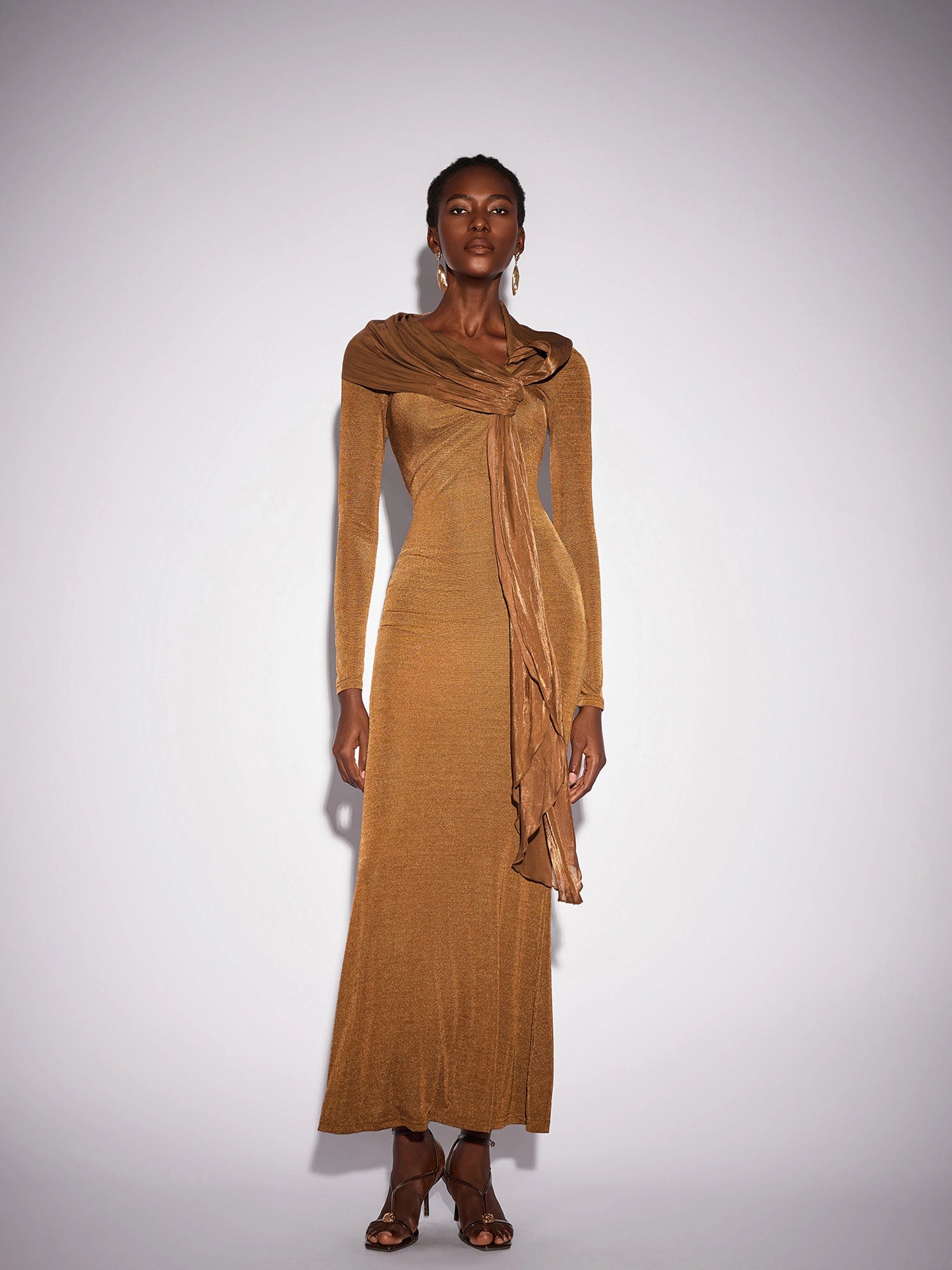 Fitted Shawl Draped Pleated Maxi Dress|NOOSGOP