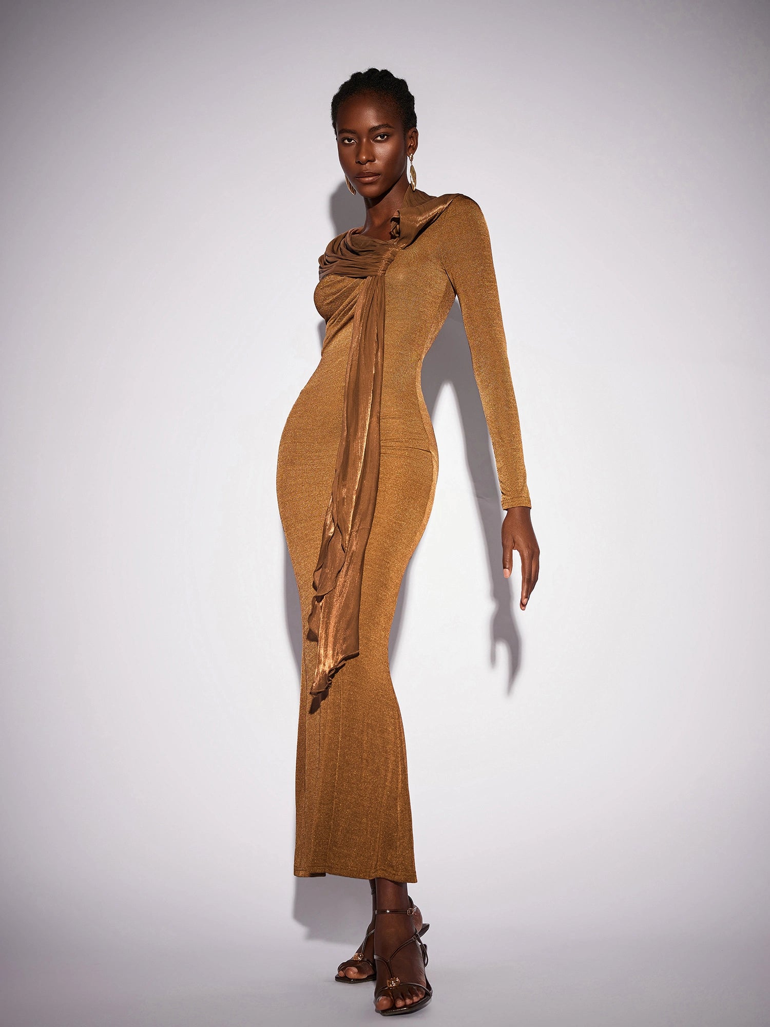Fitted Shawl Draped Pleated Maxi Dress|NOOSGOP