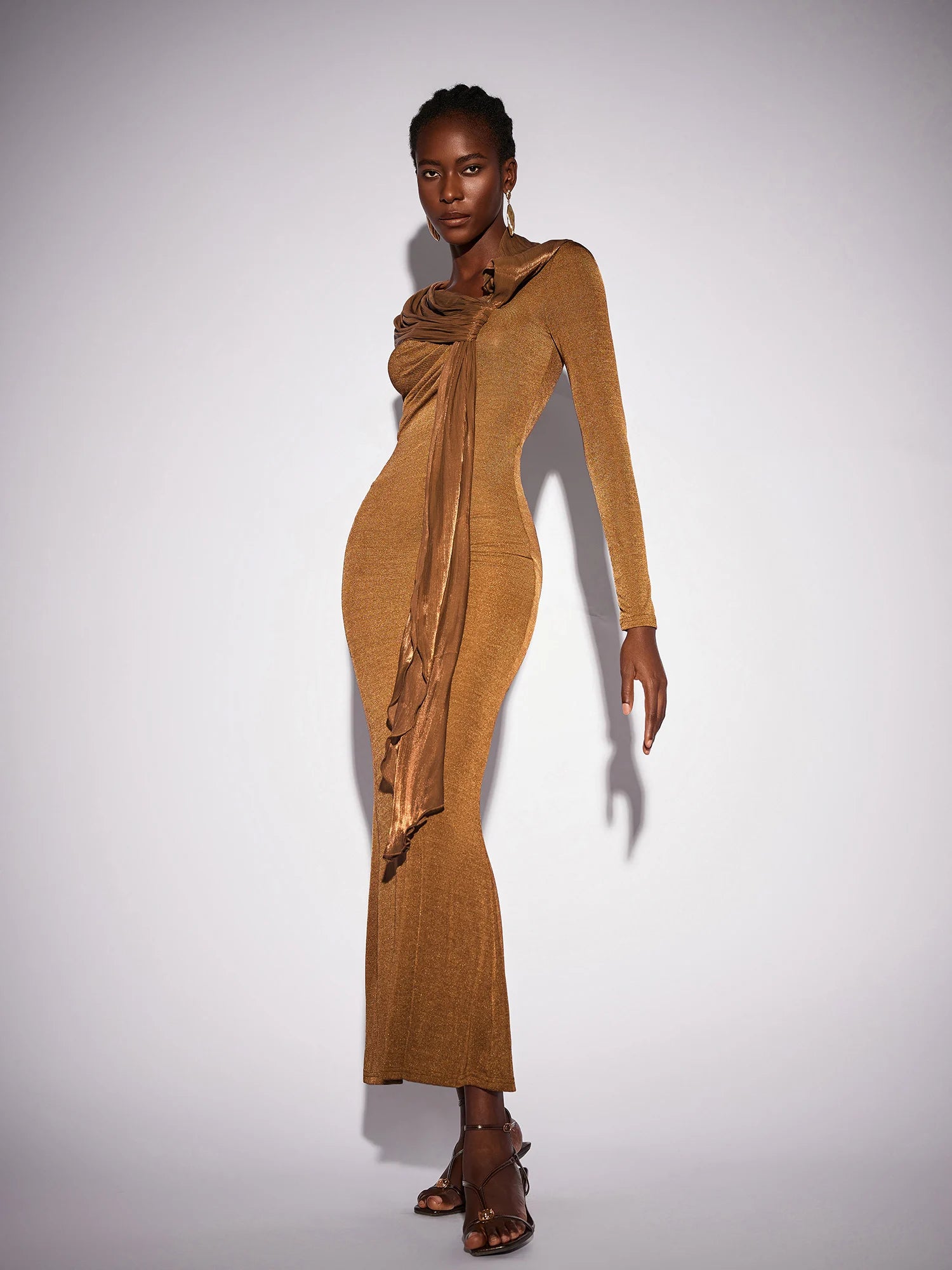 Fitted Shawl Draped Pleated Maxi Dress|NOOSGOP