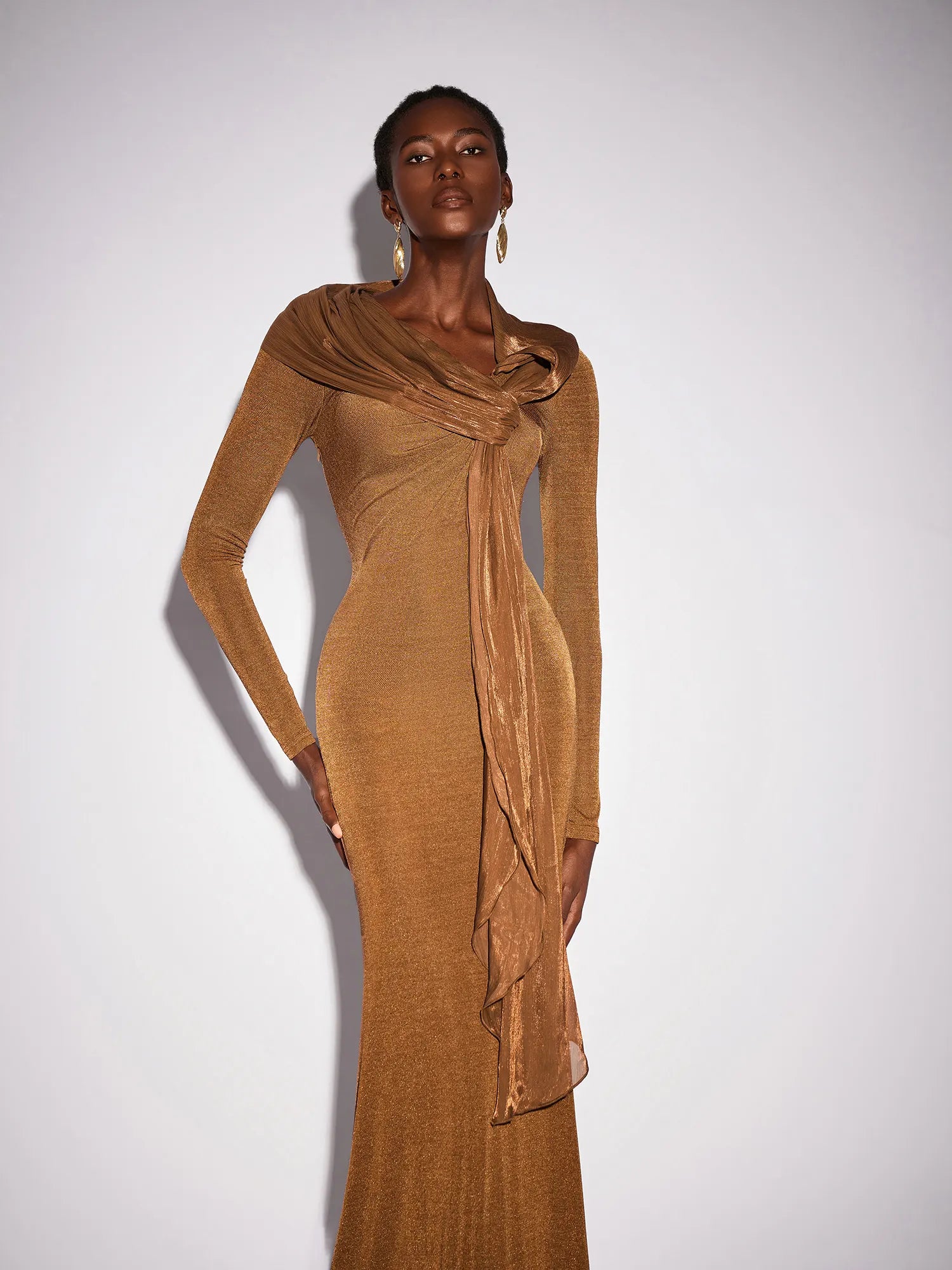 Fitted Shawl Draped Pleated Maxi Dress|NOOSGOP