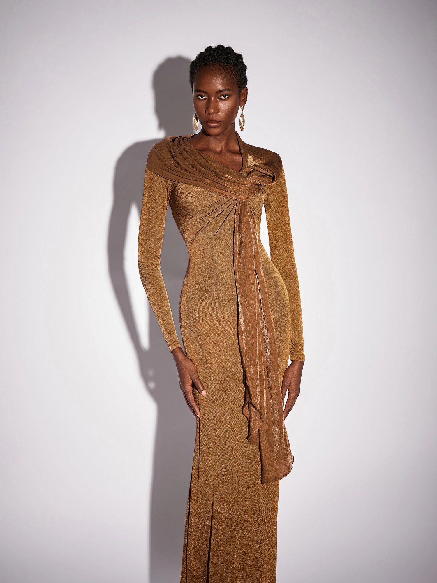 Fitted Shawl Draped Pleated Maxi Dress|NOOSGOP