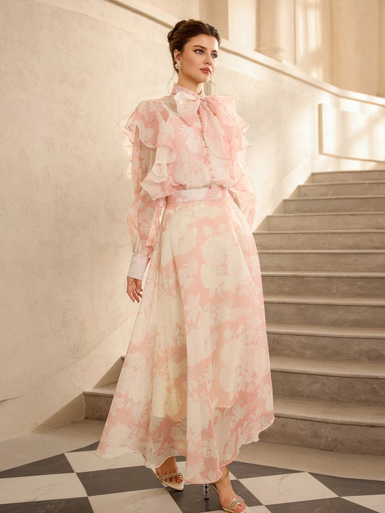 Floral Print Mesh Tie Neck Midi Dress|NOOSGOP