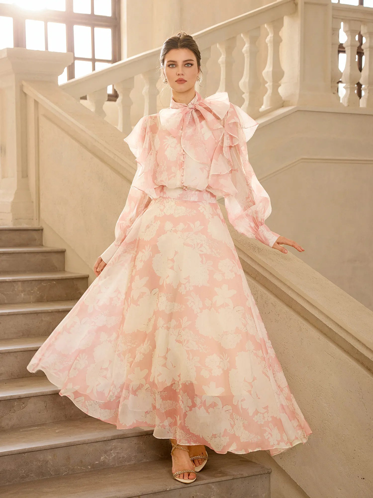 Floral Print Mesh Tie Neck Midi Dress|NOOSGOP