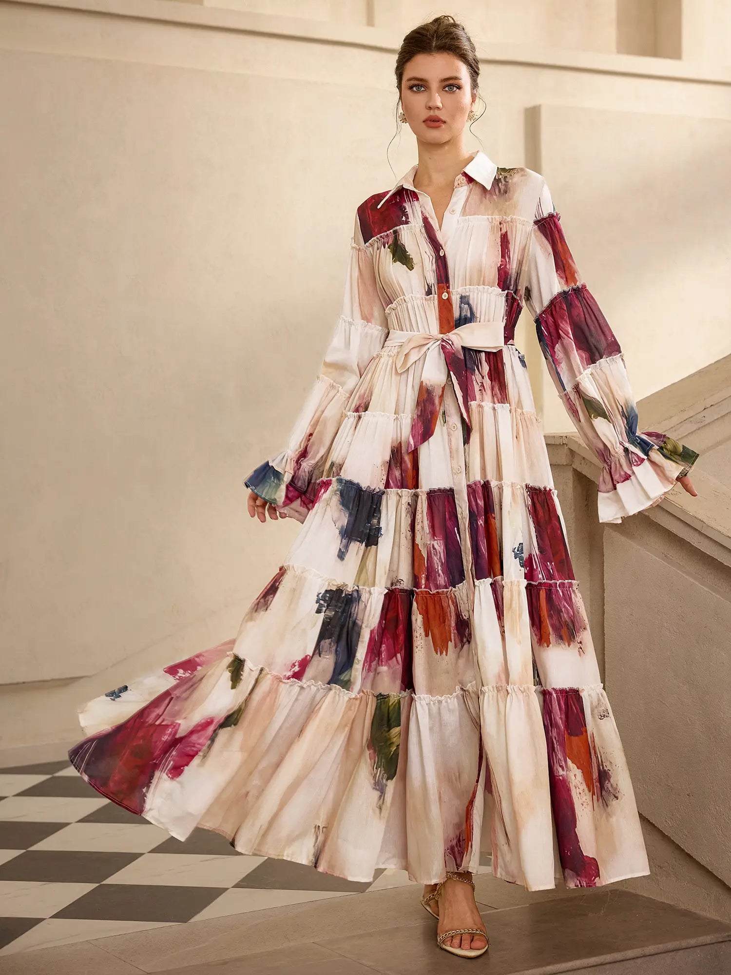 Floral Print Pleated Ruffle Sleeve Maxi Dress|NOOSGOP