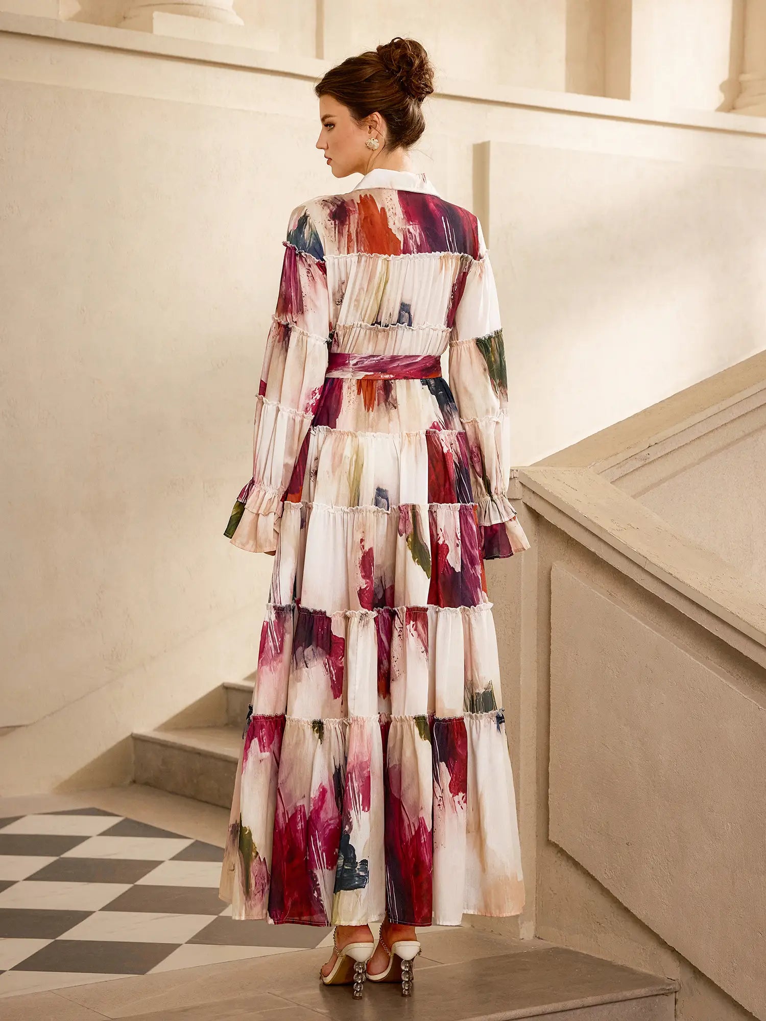 Floral Print Pleated Ruffle Sleeve Maxi Dress|NOOSGOP