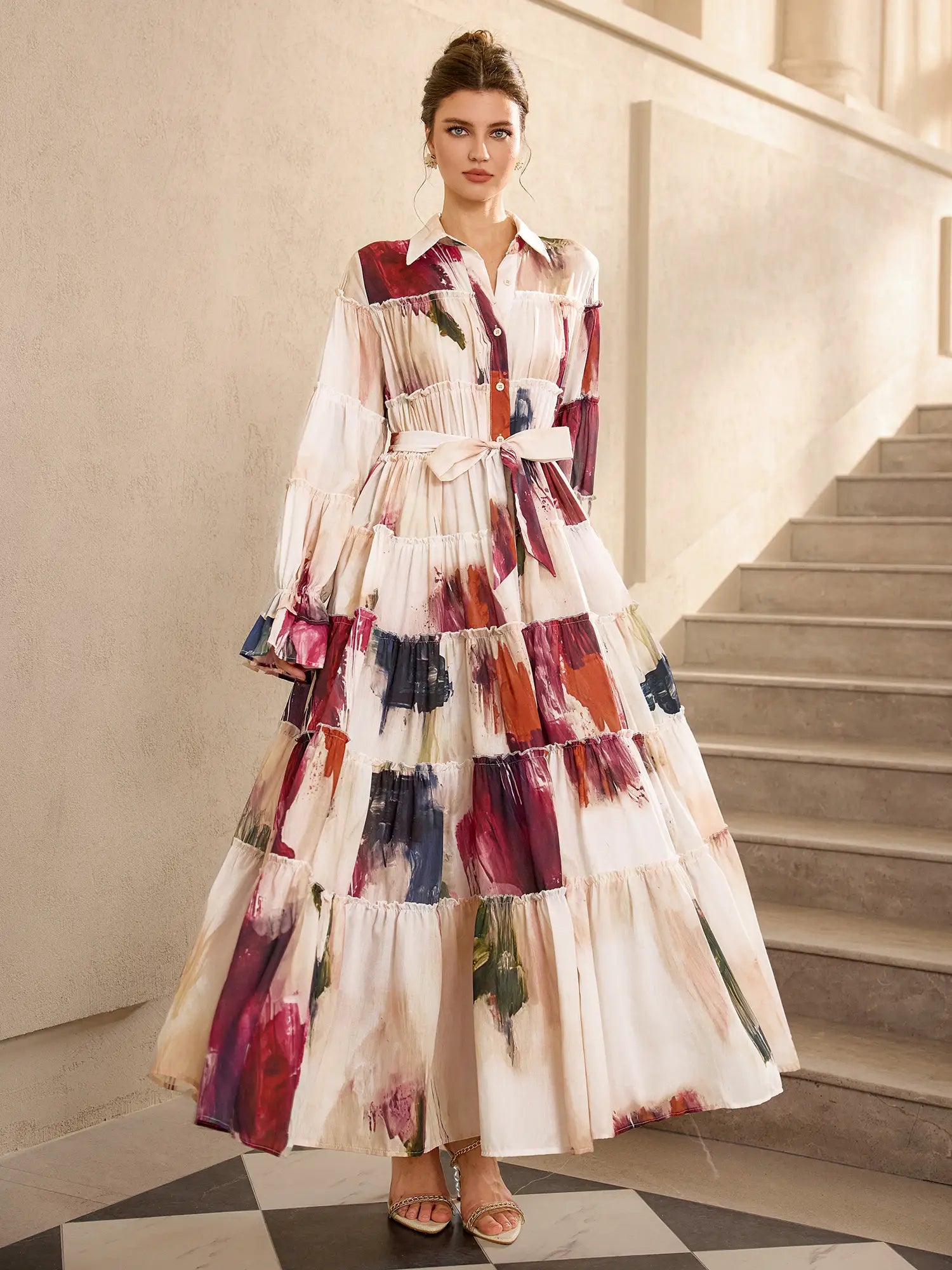 Floral Print Pleated Ruffle Sleeve Maxi Dress|NOOSGOP