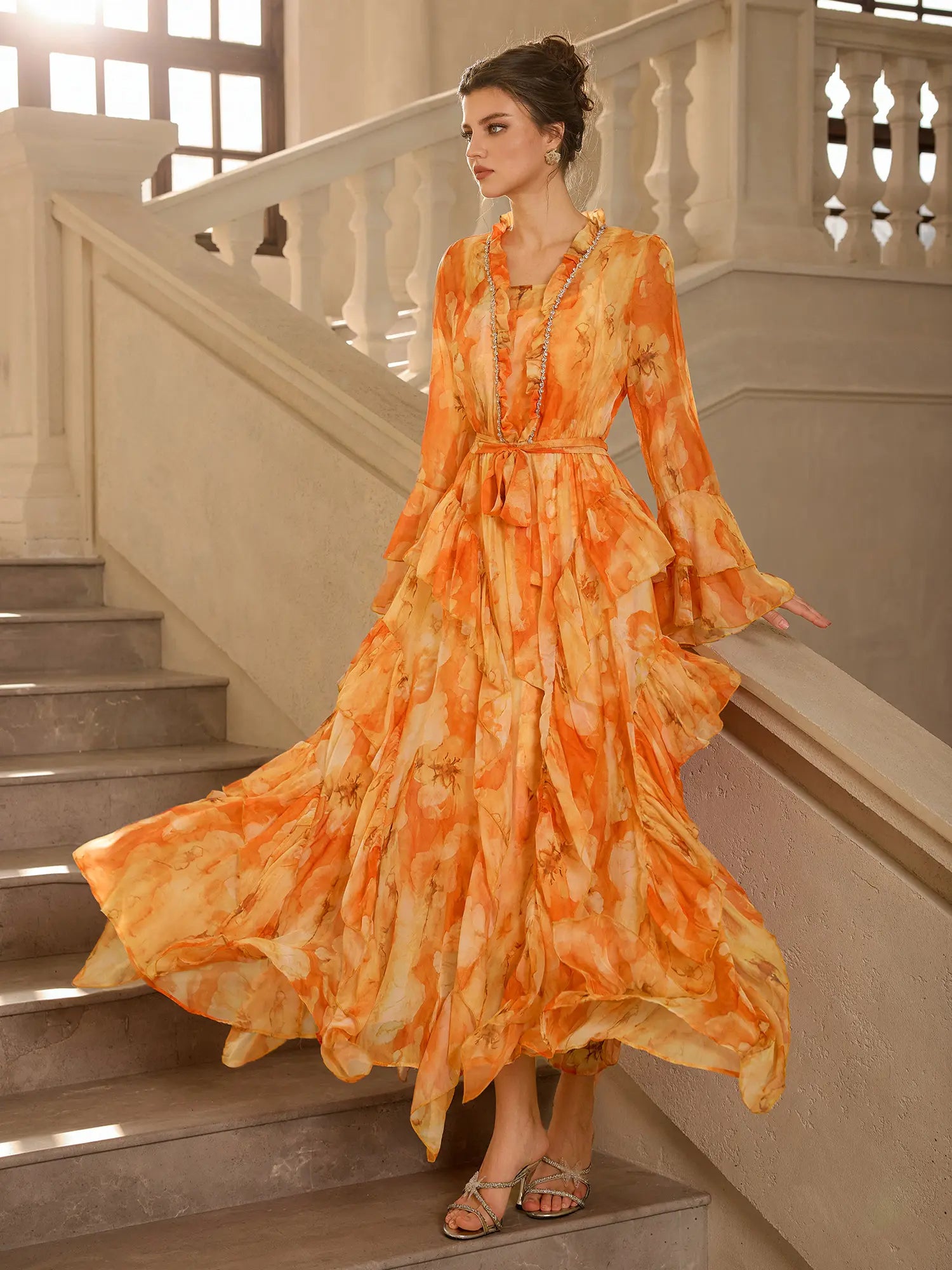 Floral Print Ruffle Ruched Hem Midi Dress|NOOSGOP