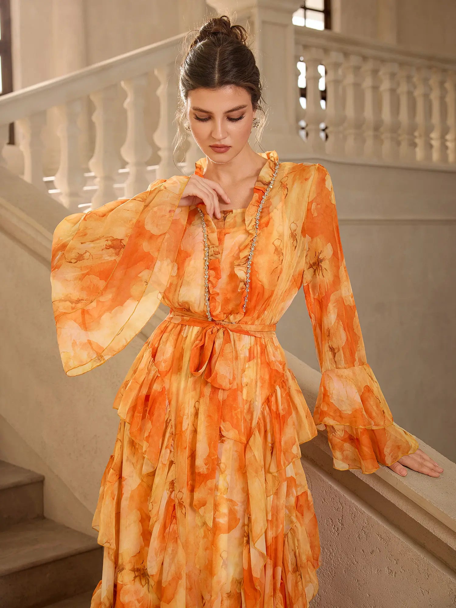 Floral Print Ruffle Ruched Hem Midi Dress|NOOSGOP