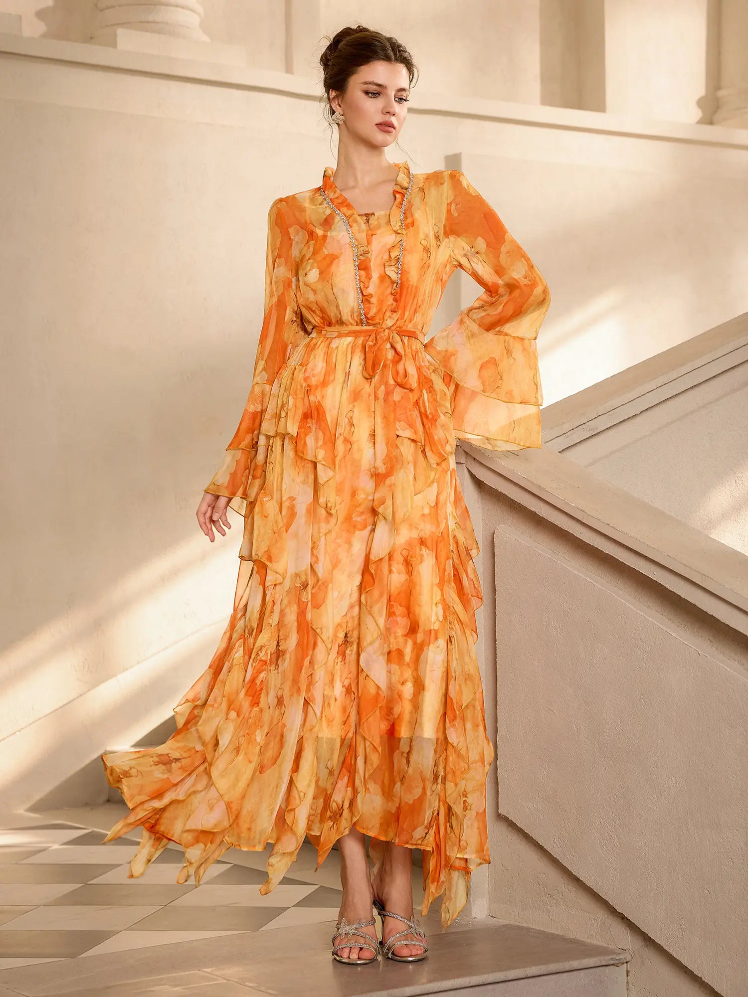 Floral Print Ruffle Ruched Hem Midi Dress|NOOSGOP