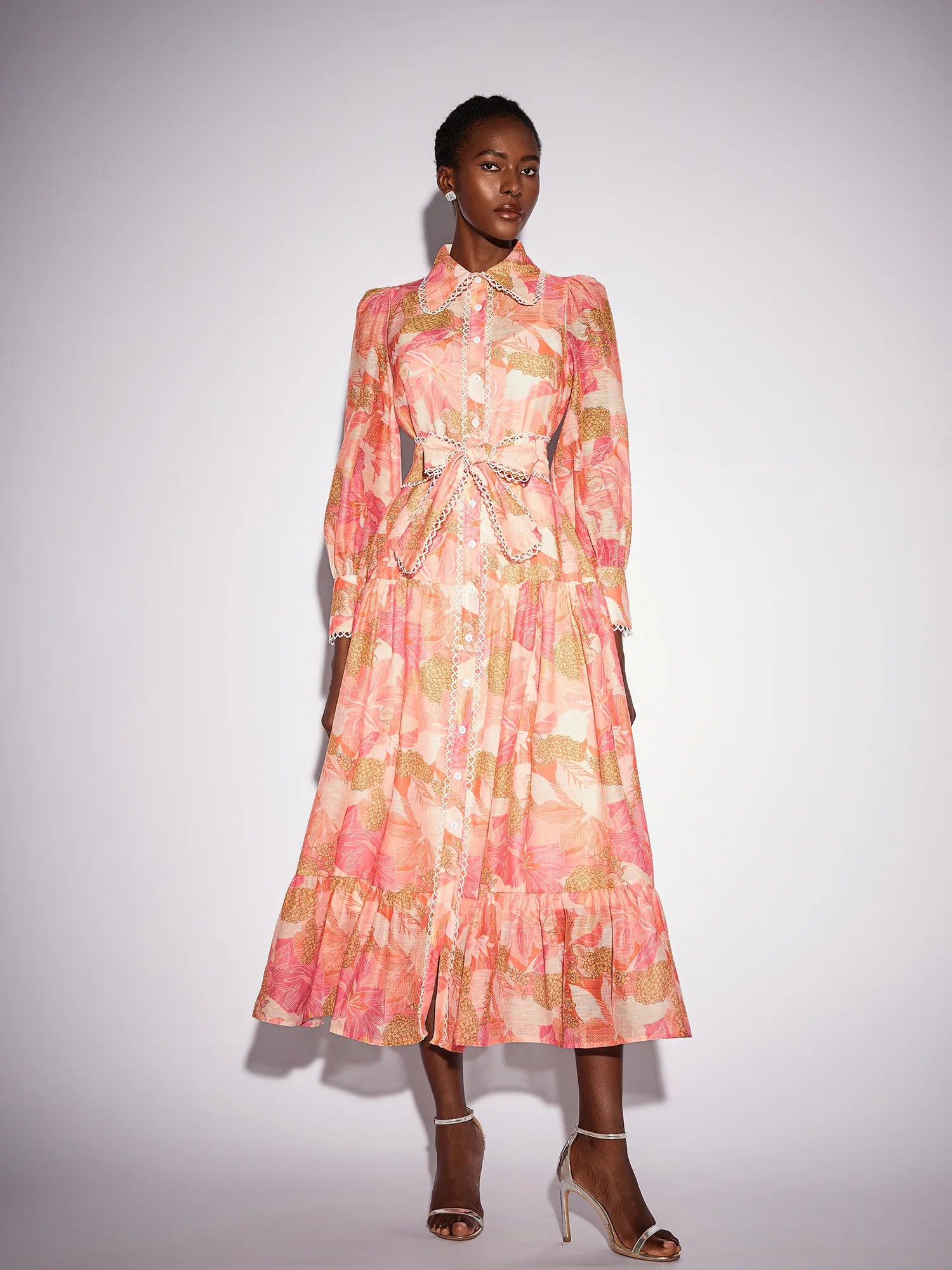 Floral Print Stand Collar Patchwork Midi Dress|NOOSGOP