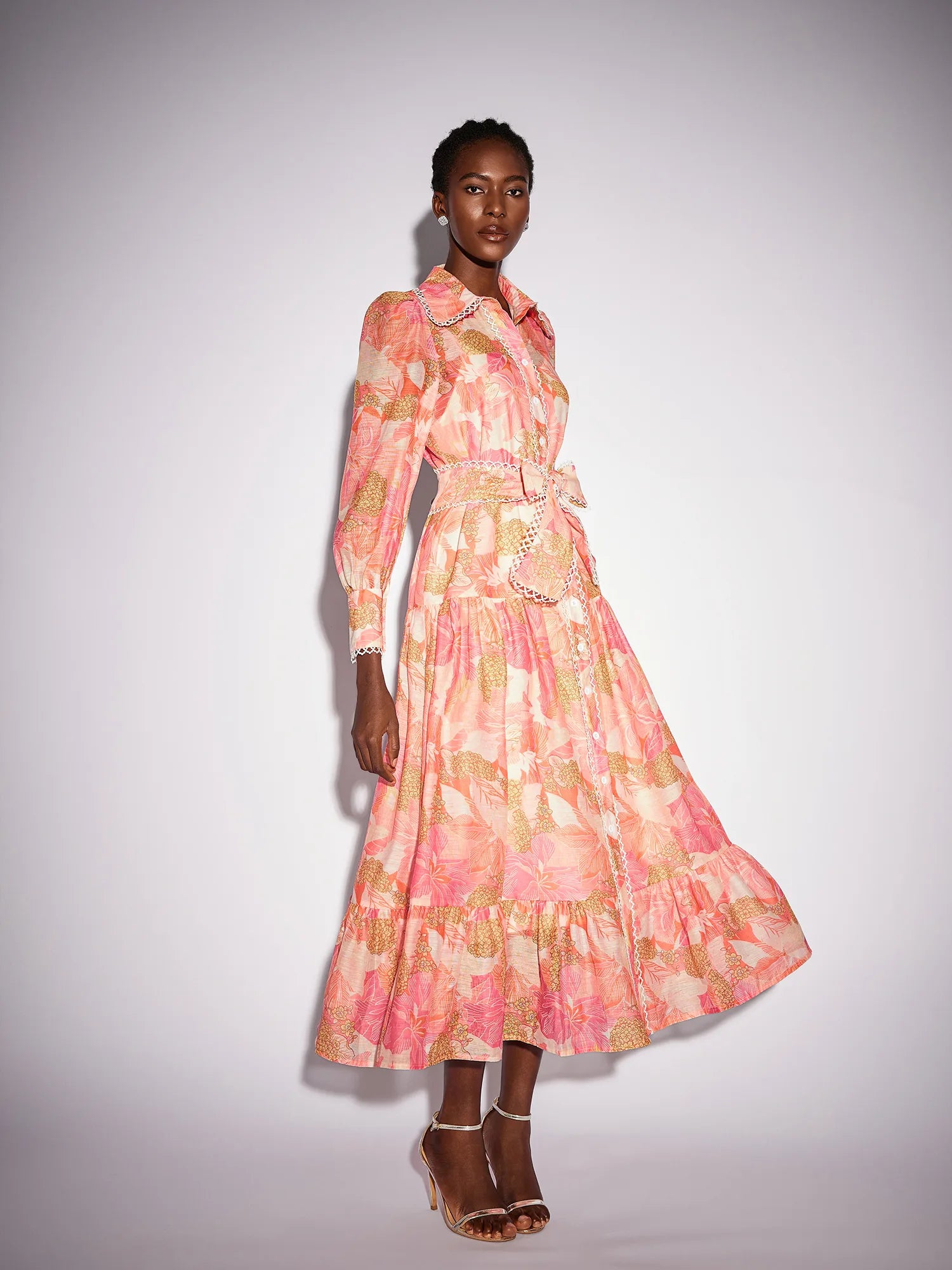 Floral Print Stand Collar Patchwork Midi Dress|NOOSGOP