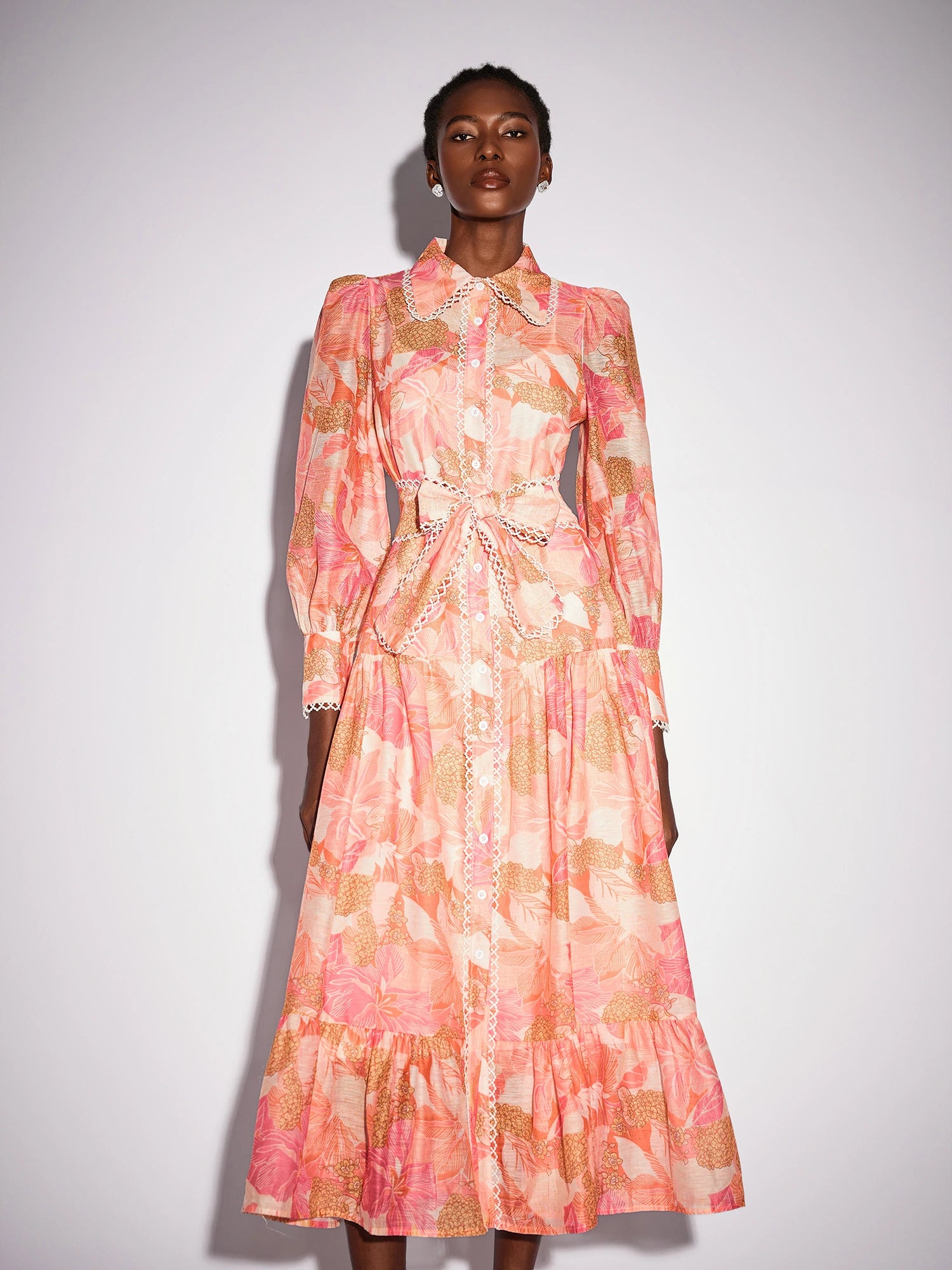 Floral Print Stand Collar Patchwork Midi Dress|NOOSGOP