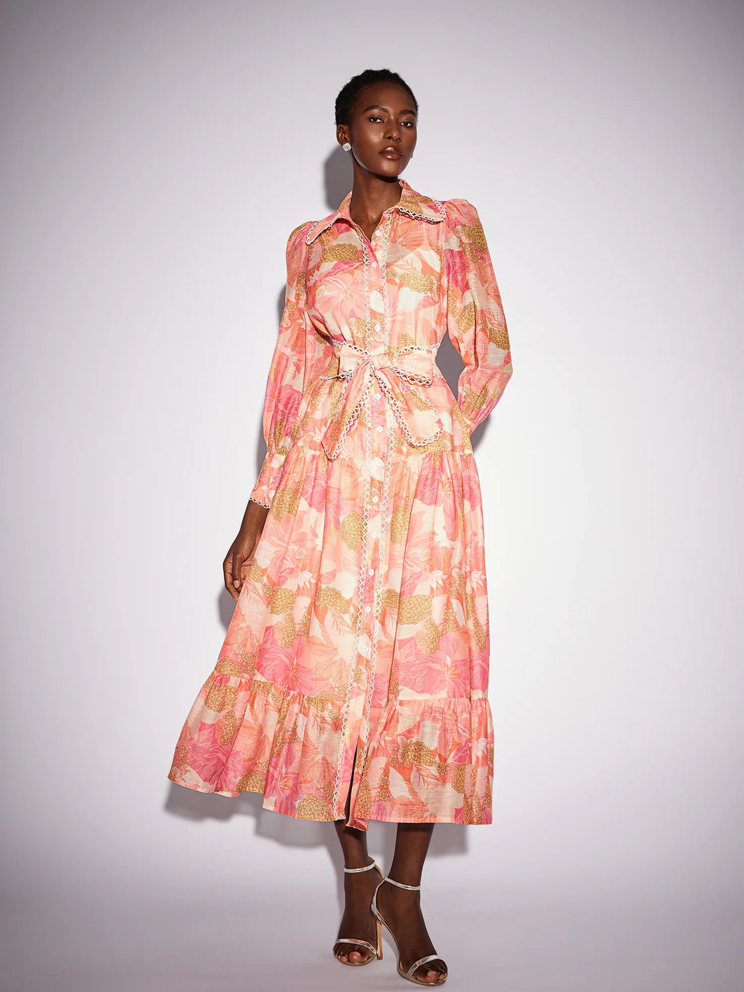 Floral Print Stand Collar Patchwork Midi Dress|NOOSGOP