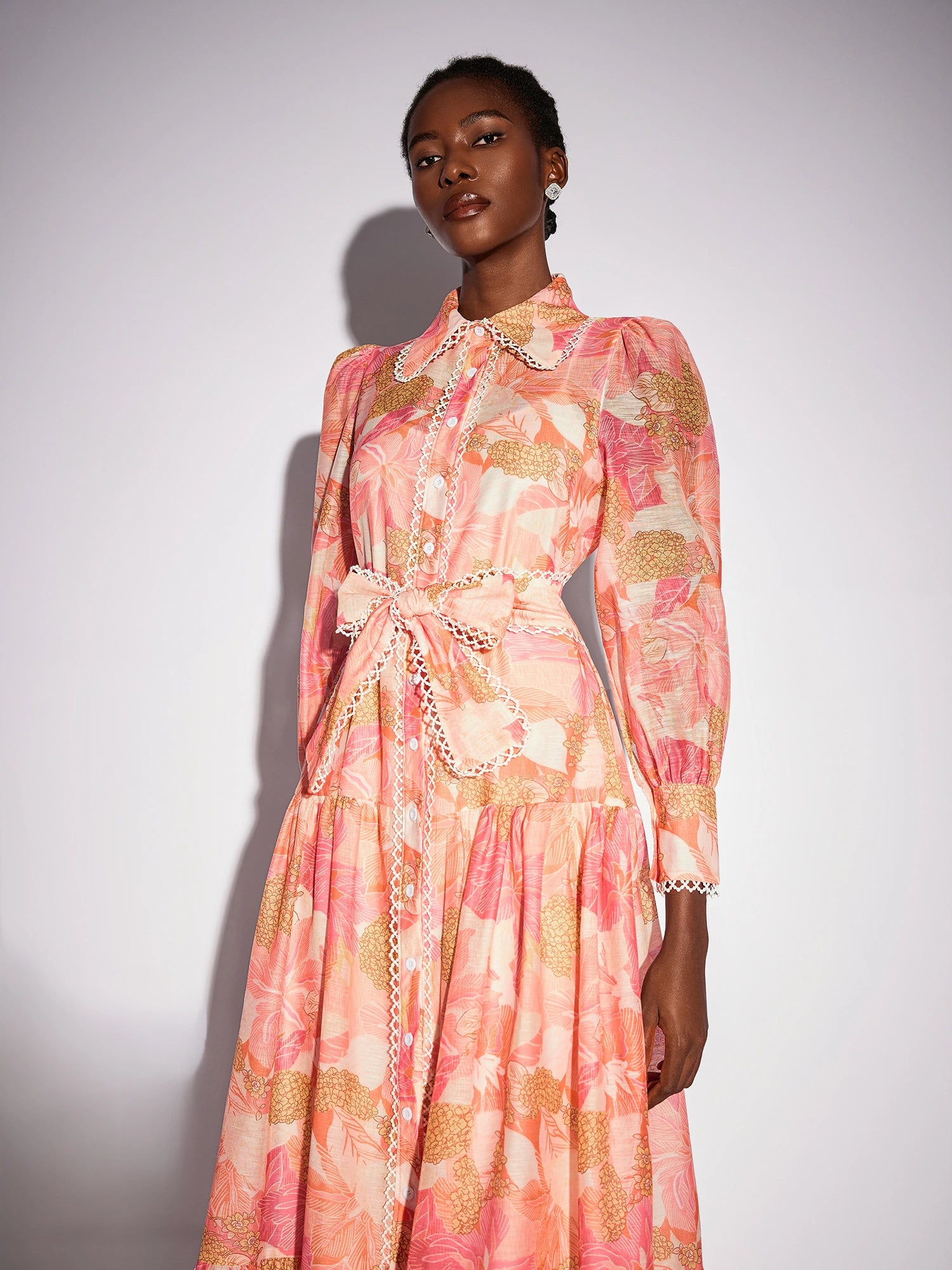 Floral Print Stand Collar Patchwork Midi Dress|NOOSGOP