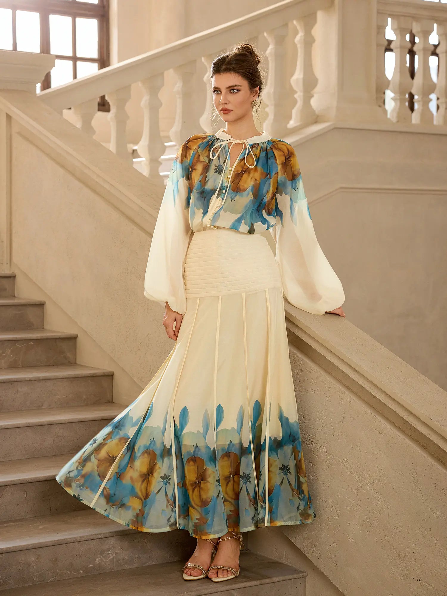 Floral Print Waist Cinched Two Piece Set|NOOSGOP