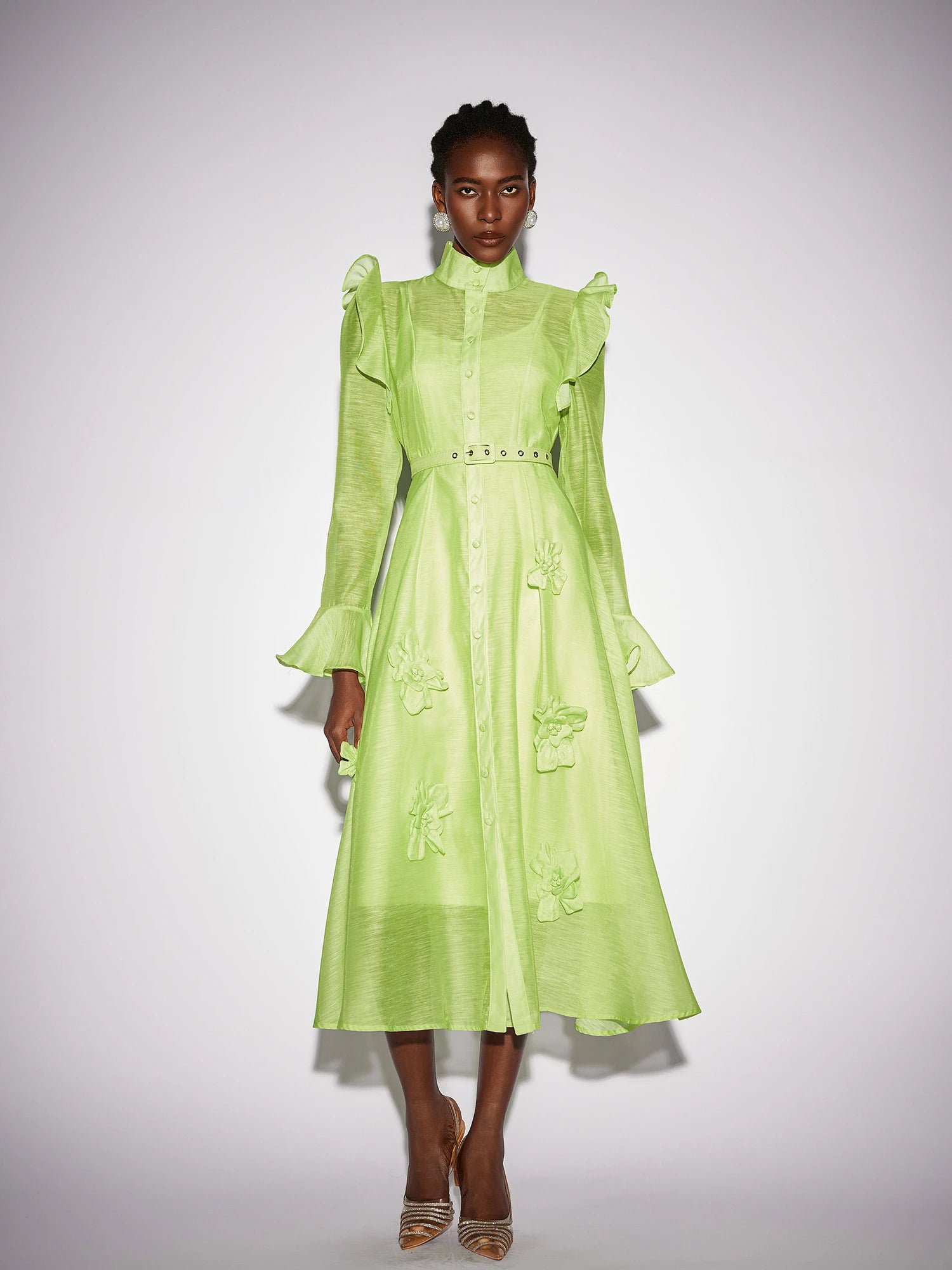 Floral Ruffle Trim Mesh Midi Dress|NOOSGOP