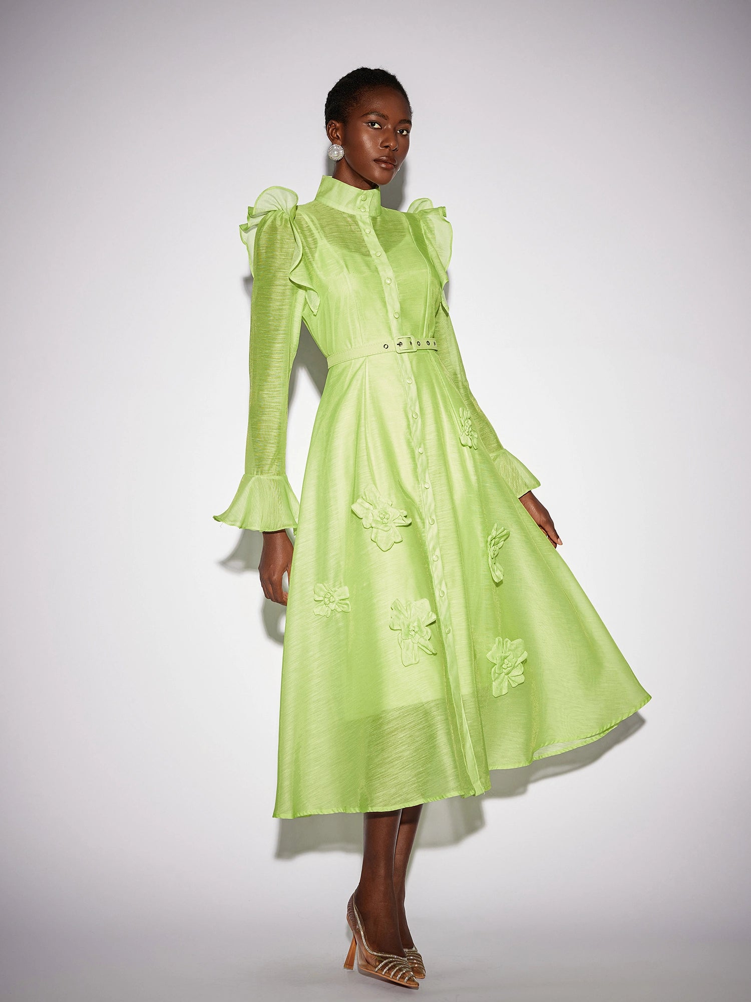 Floral Ruffle Trim Mesh Midi Dress|NOOSGOP