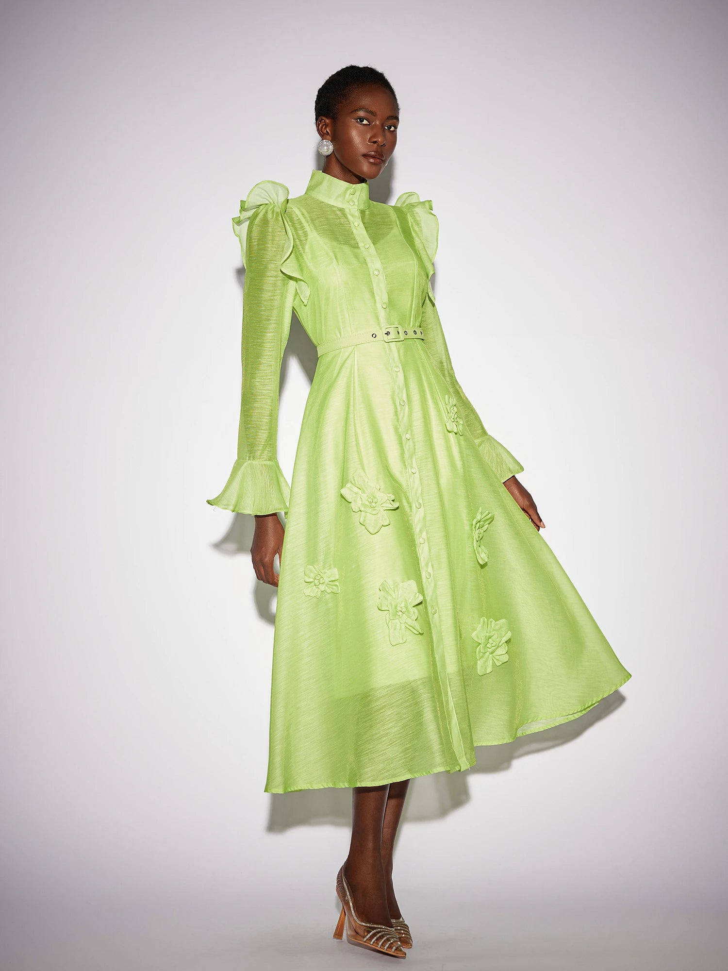 Floral Ruffle Trim Mesh Midi Dress|NOOSGOP