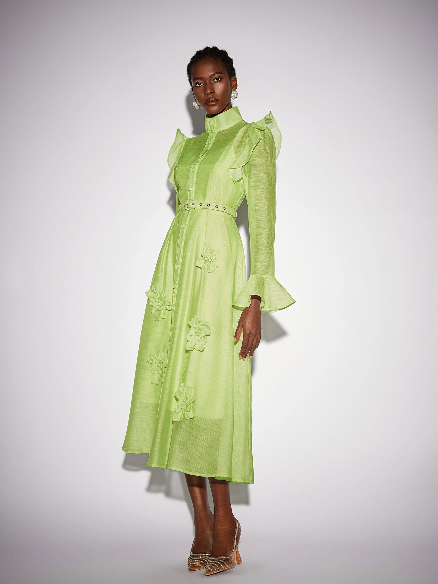 Floral Ruffle Trim Mesh Midi Dress|NOOSGOP