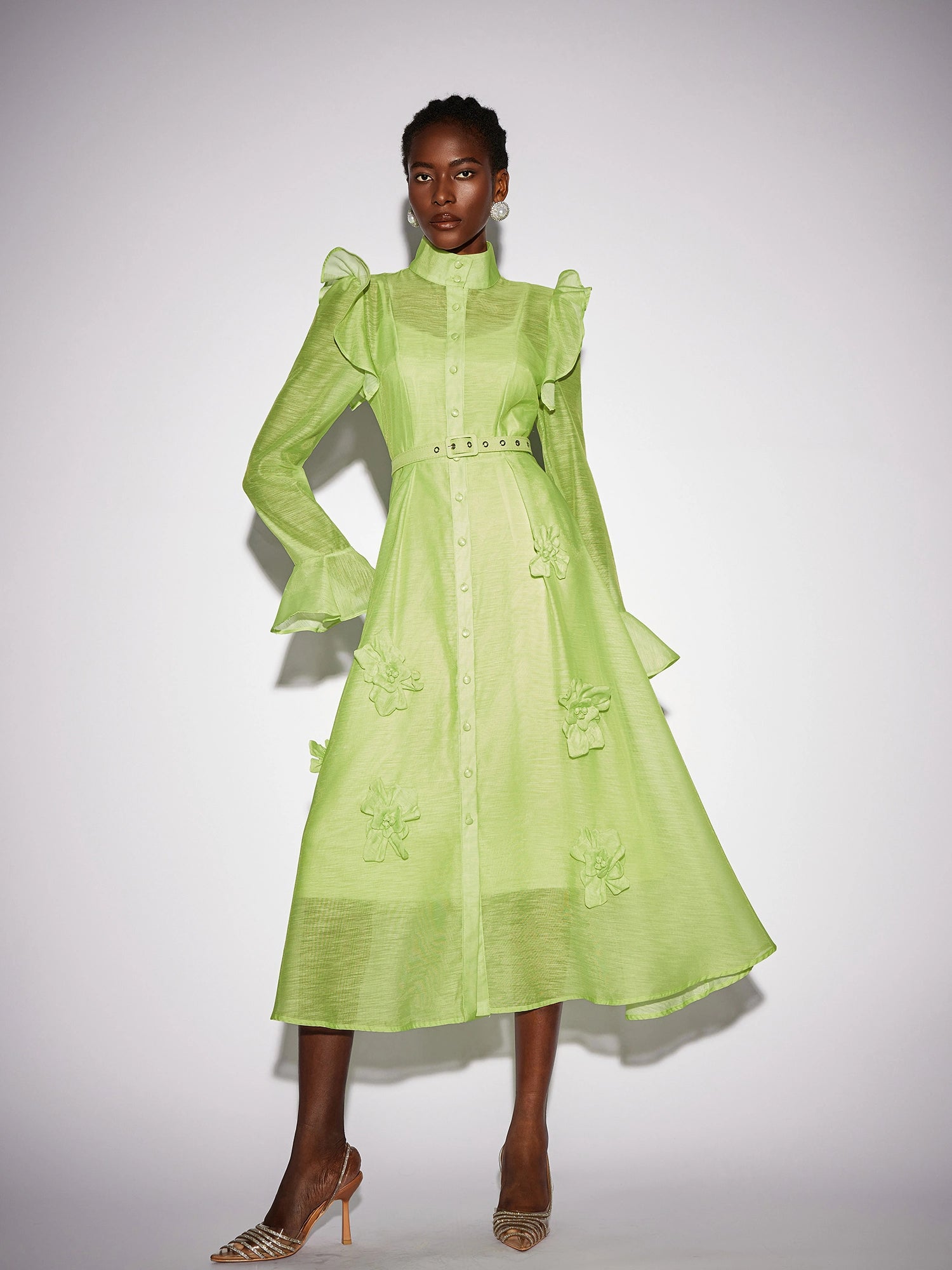 Floral Ruffle Trim Mesh Midi Dress|NOOSGOP