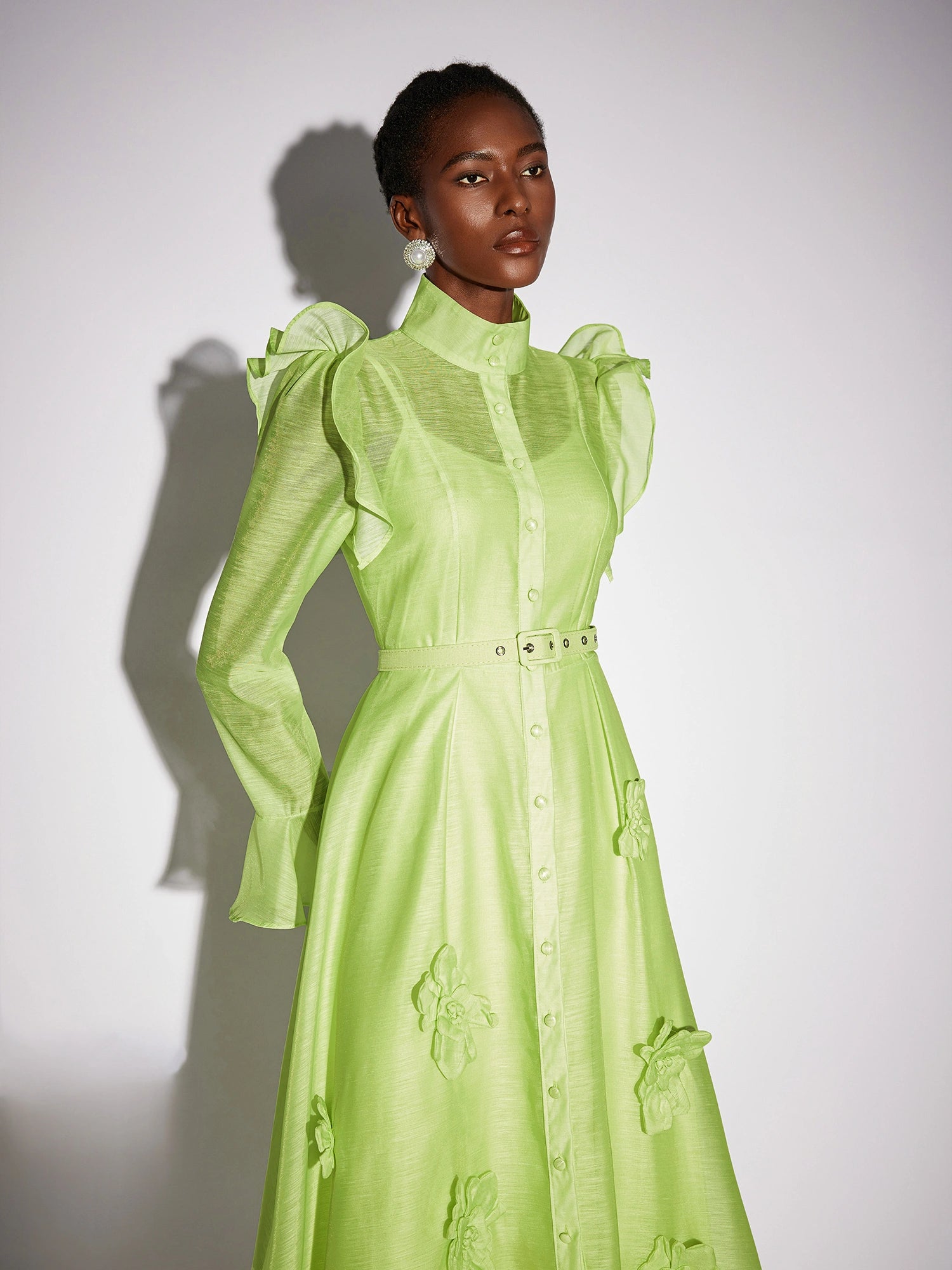 Floral Ruffle Trim Mesh Midi Dress|NOOSGOP