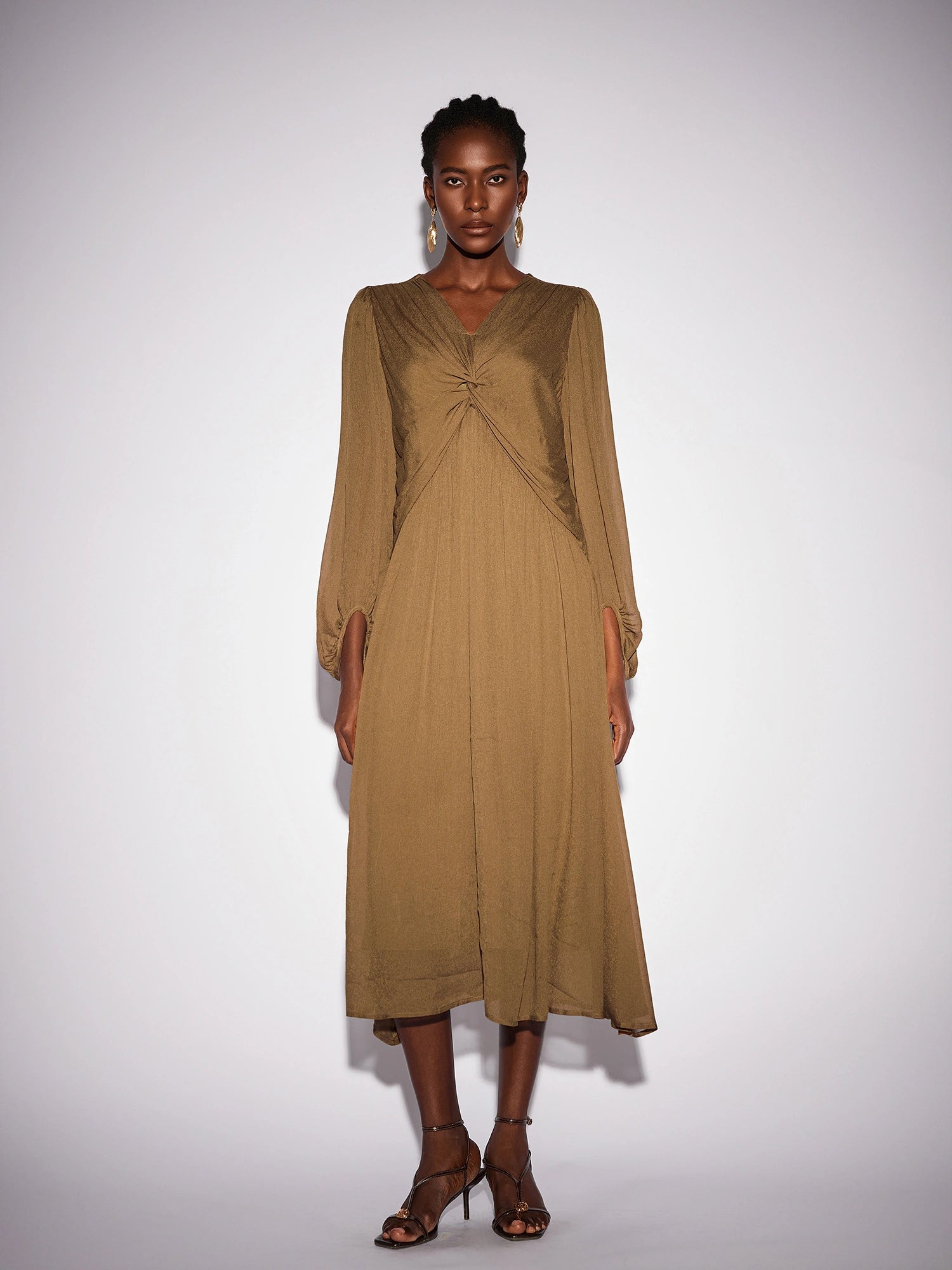 Front Tie Neck Brown Pleated Midi Dress|NOOSGOP