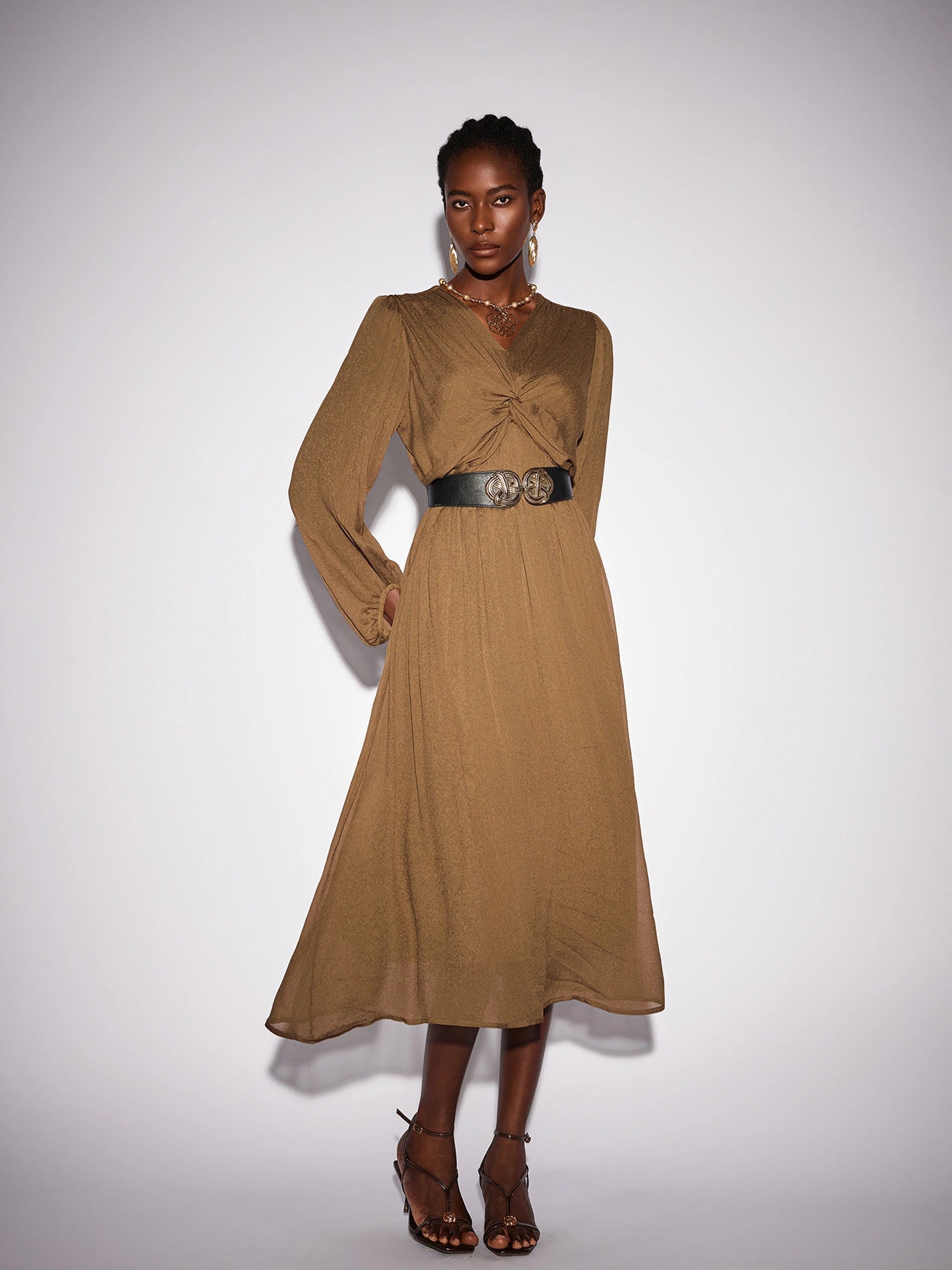 Front Tie Neck Brown Pleated Midi Dress|NOOSGOP