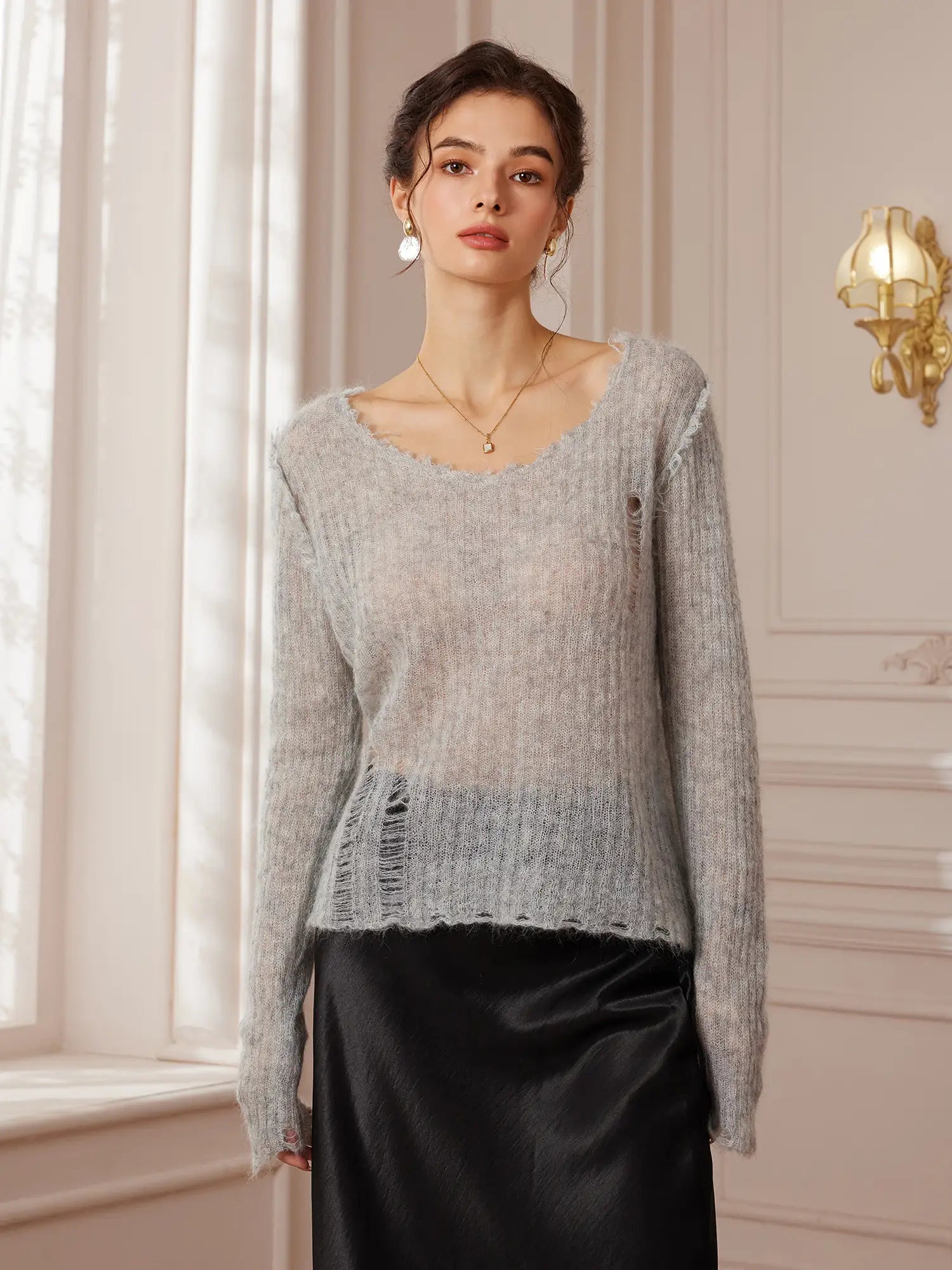 Gray Distressed Lightweight Sweater|NOOSGOP