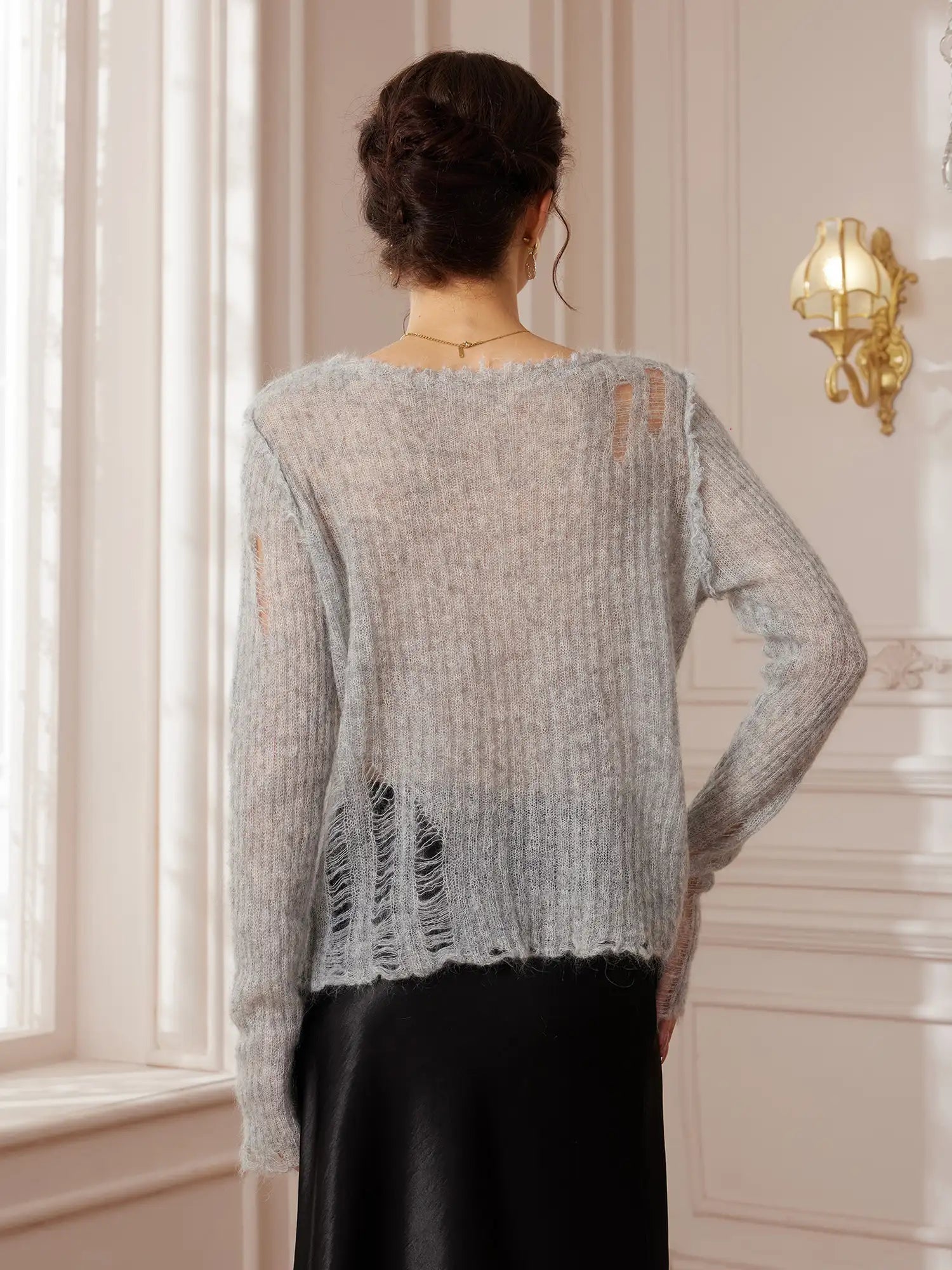 Gray Distressed Lightweight Sweater|NOOSGOP