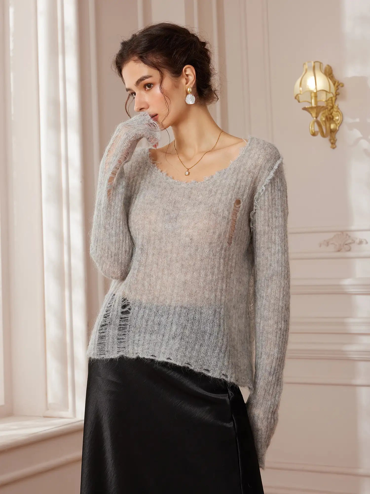 Gray Distressed Lightweight Sweater|NOOSGOP