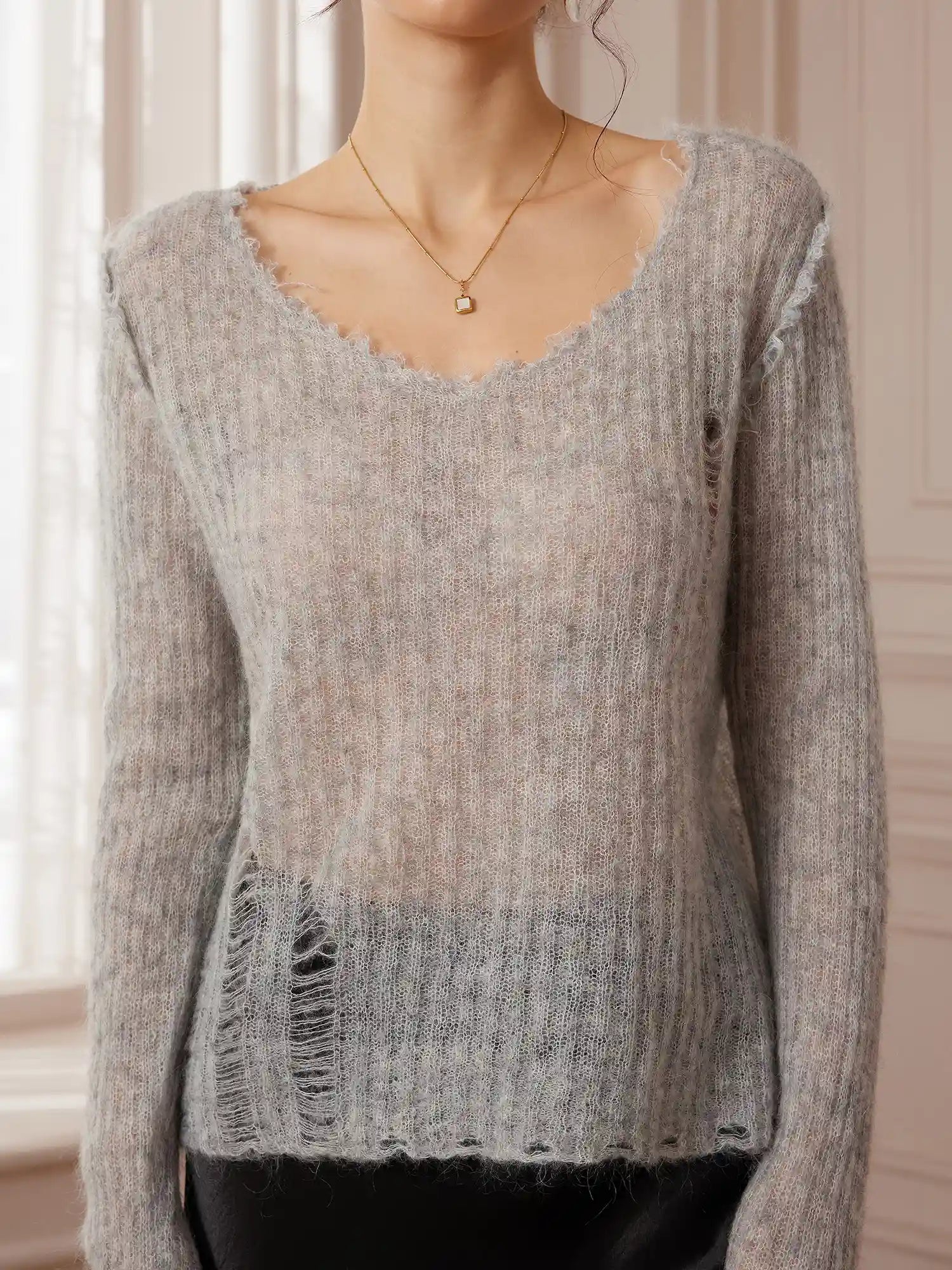 Gray Distressed Lightweight Sweater|NOOSGOP