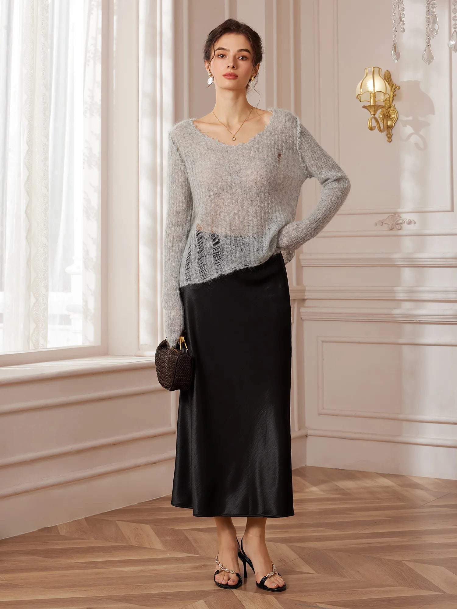 Gray Distressed Lightweight Sweater|NOOSGOP