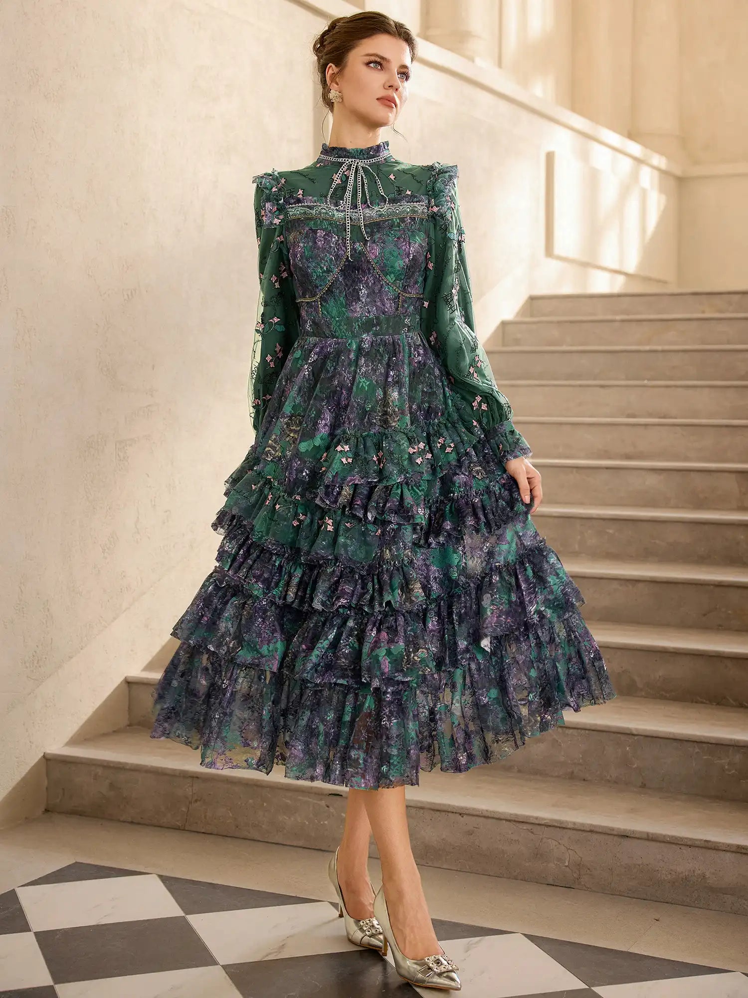 Green Floral Pleated Midi Dress|NOOSGOP