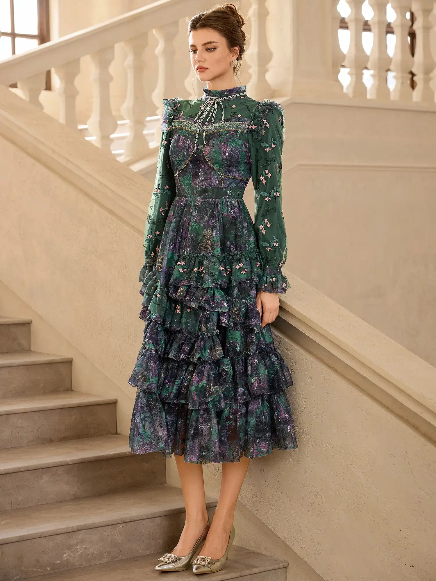 Green Floral Pleated Midi Dress|NOOSGOP