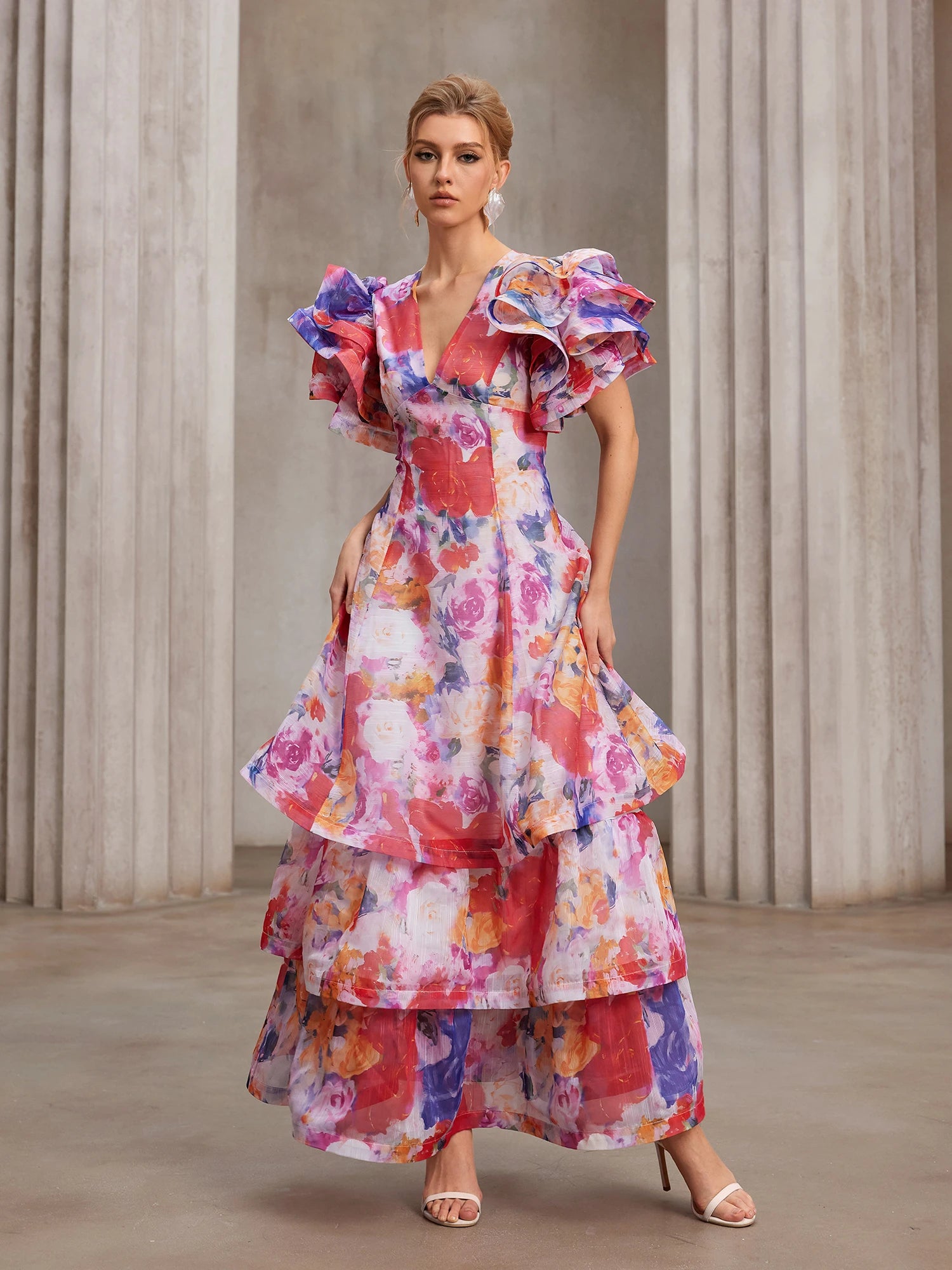 Hand-Printed Flutter-Sleeve Maxi Dress|NOOSGOP