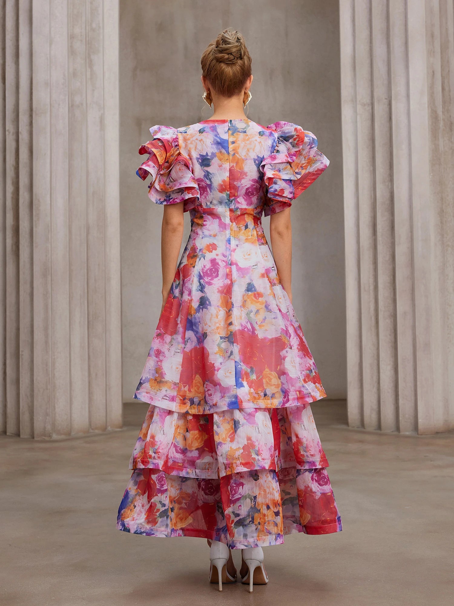 Hand-Printed Flutter-Sleeve Maxi Dress|NOOSGOP