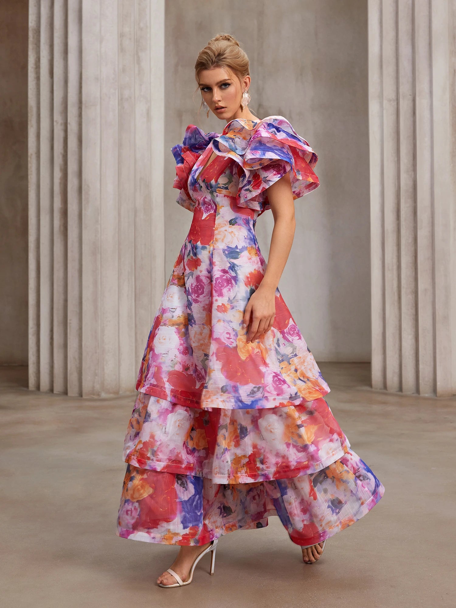 Hand-Printed Flutter-Sleeve Maxi Dress|NOOSGOP