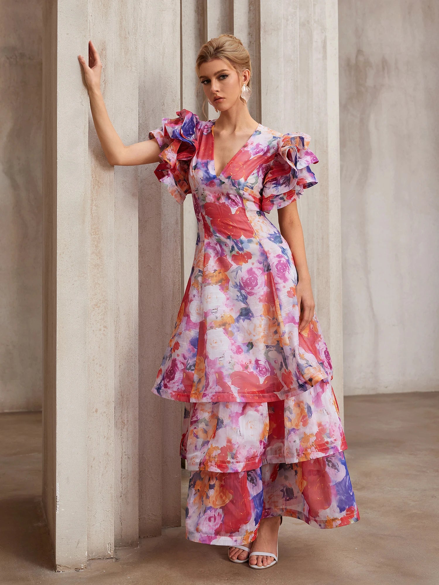 Hand-Printed Flutter-Sleeve Maxi Dress|NOOSGOP