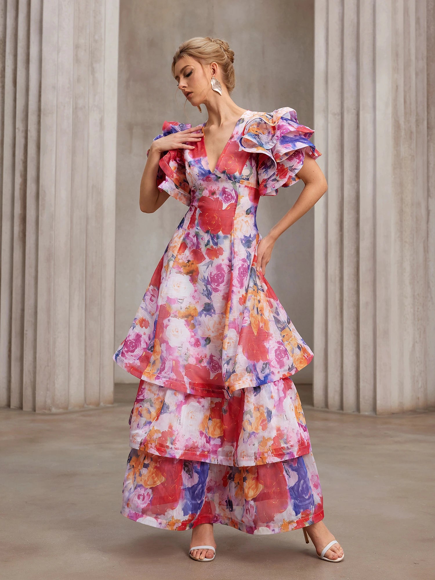 Hand-Printed Flutter-Sleeve Maxi Dress|NOOSGOP