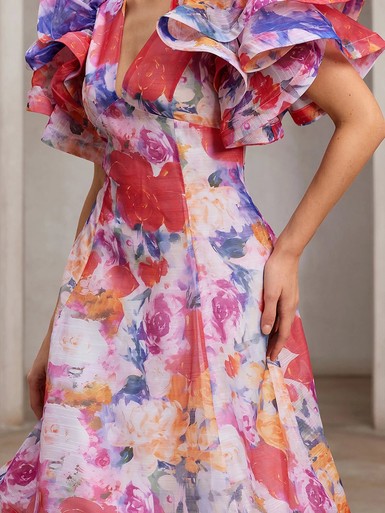 Hand-Printed Flutter-Sleeve Maxi Dress|NOOSGOP