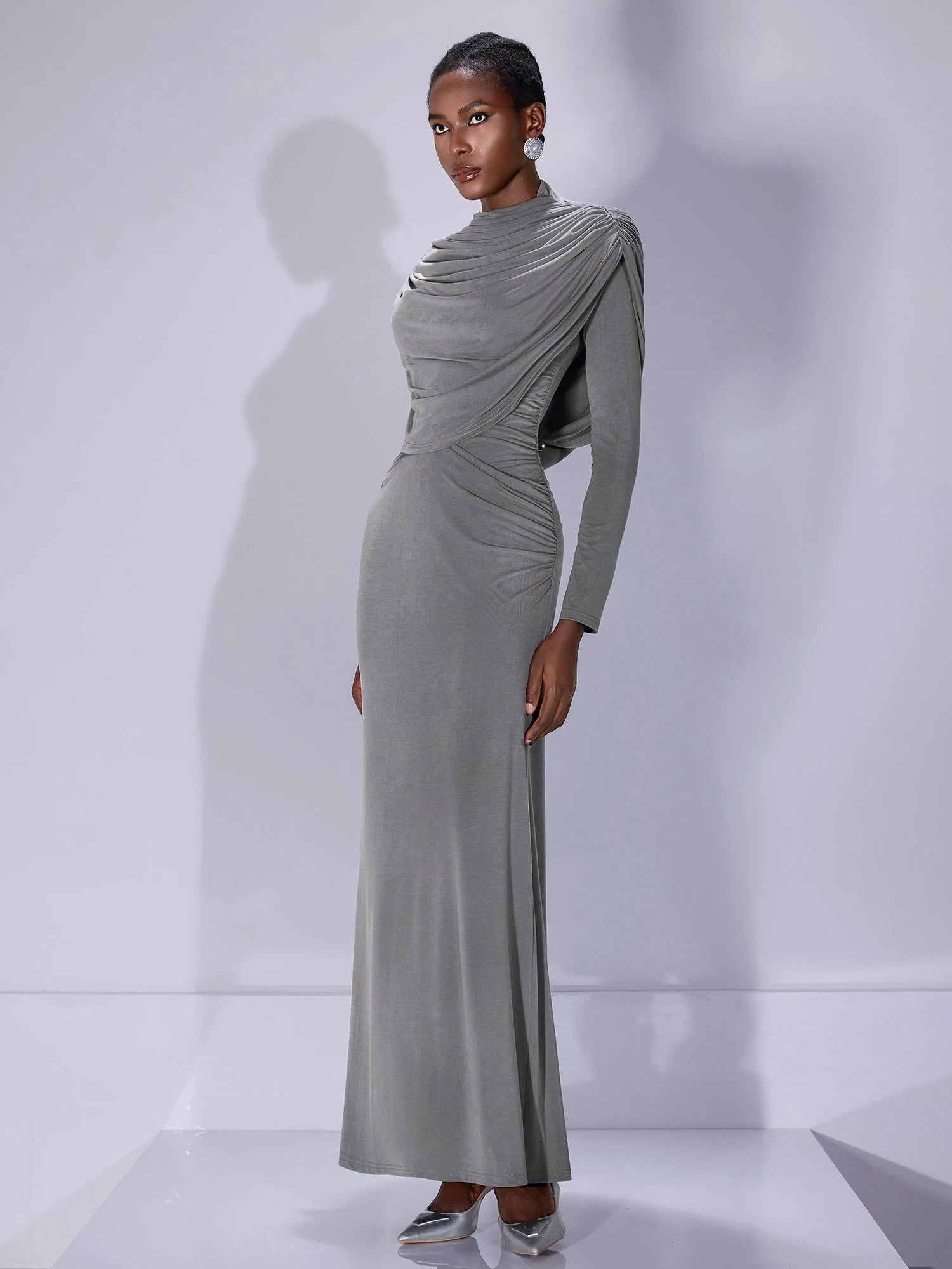 High Neck Ruched Bodycon Maxi Dress|NOOSGOP