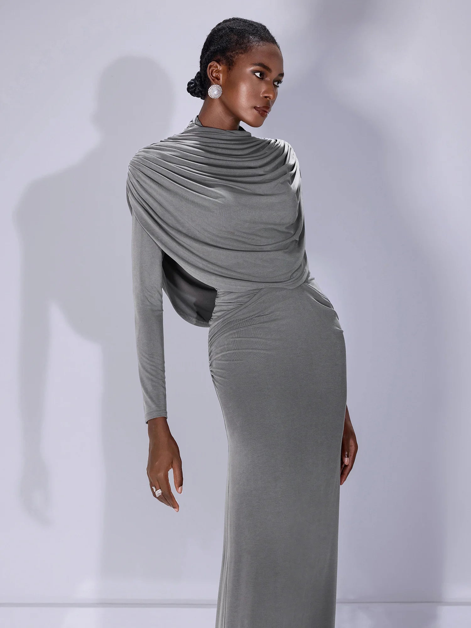 High Neck Ruched Bodycon Maxi Dress|NOOSGOP