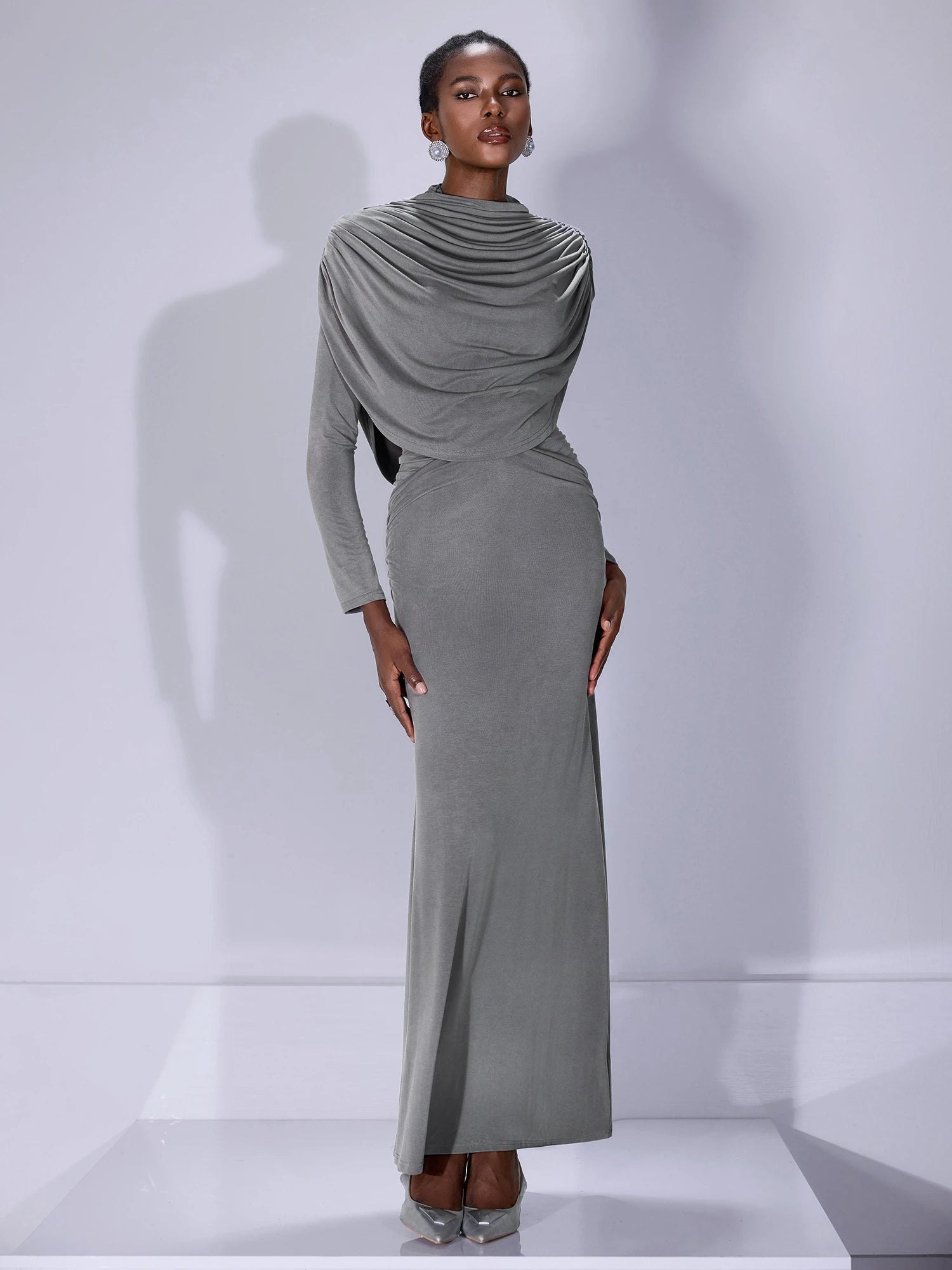 High Neck Ruched Bodycon Maxi Dress|NOOSGOP