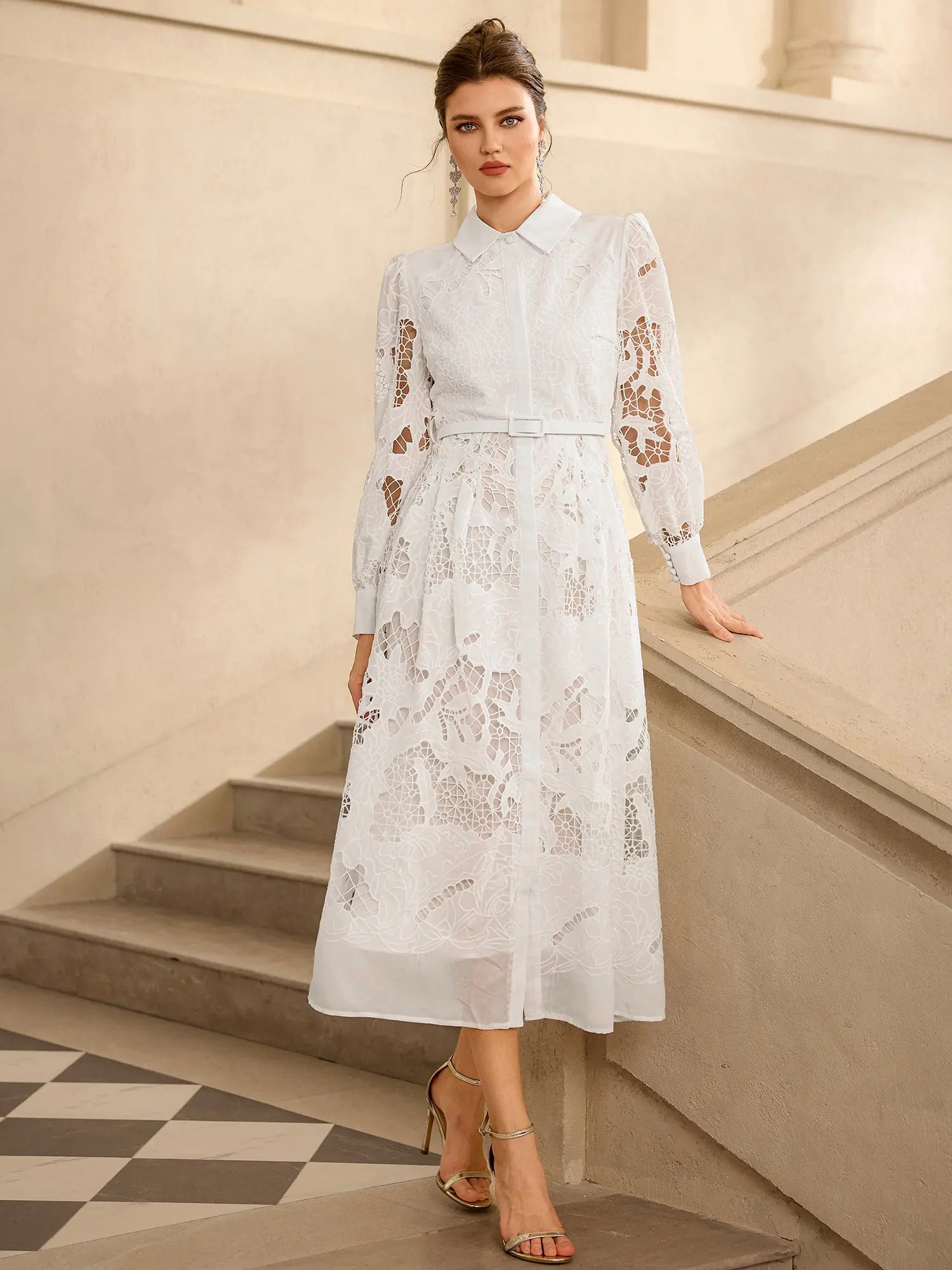 Hollow Lace Long Sleeve Midi Dress|NOOSGOP