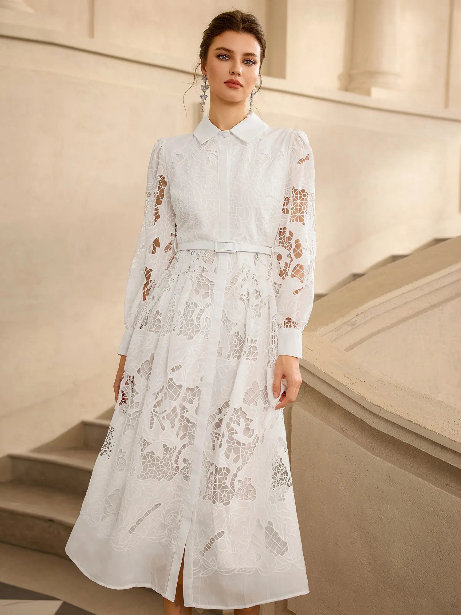 Hollow Lace Long Sleeve Midi Dress|NOOSGOP